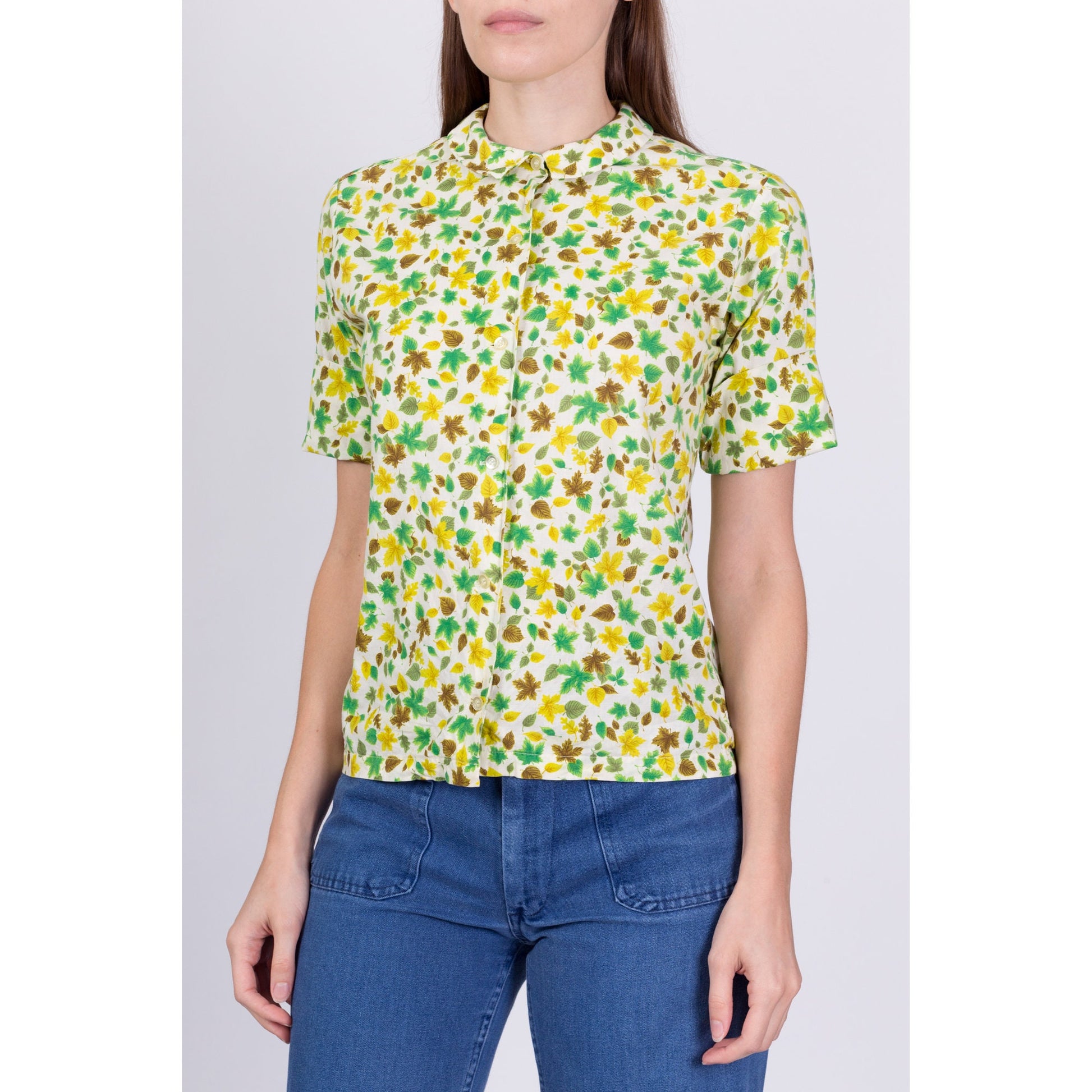 50s 60s Leaf Print Button Up Shirt - Petite Small 