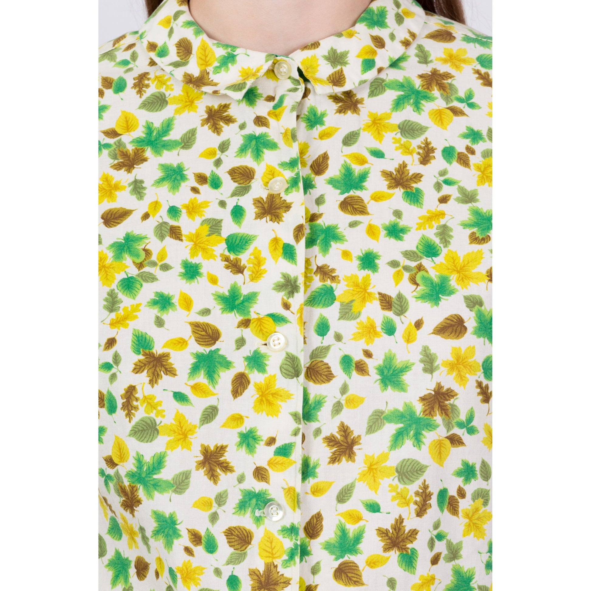 50s 60s Leaf Print Button Up Shirt - Petite Small 