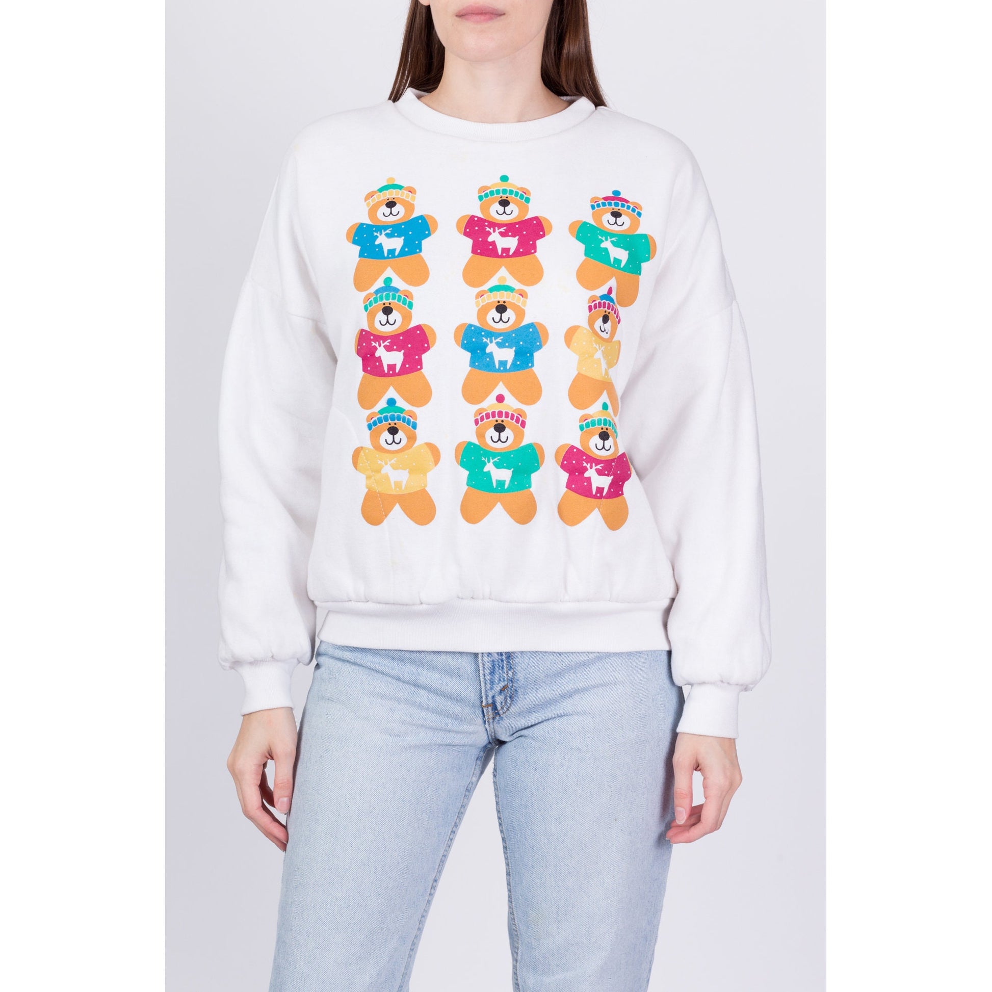 80s Reindeer Teddy Bear Reversible Sweatshirt - Medium 