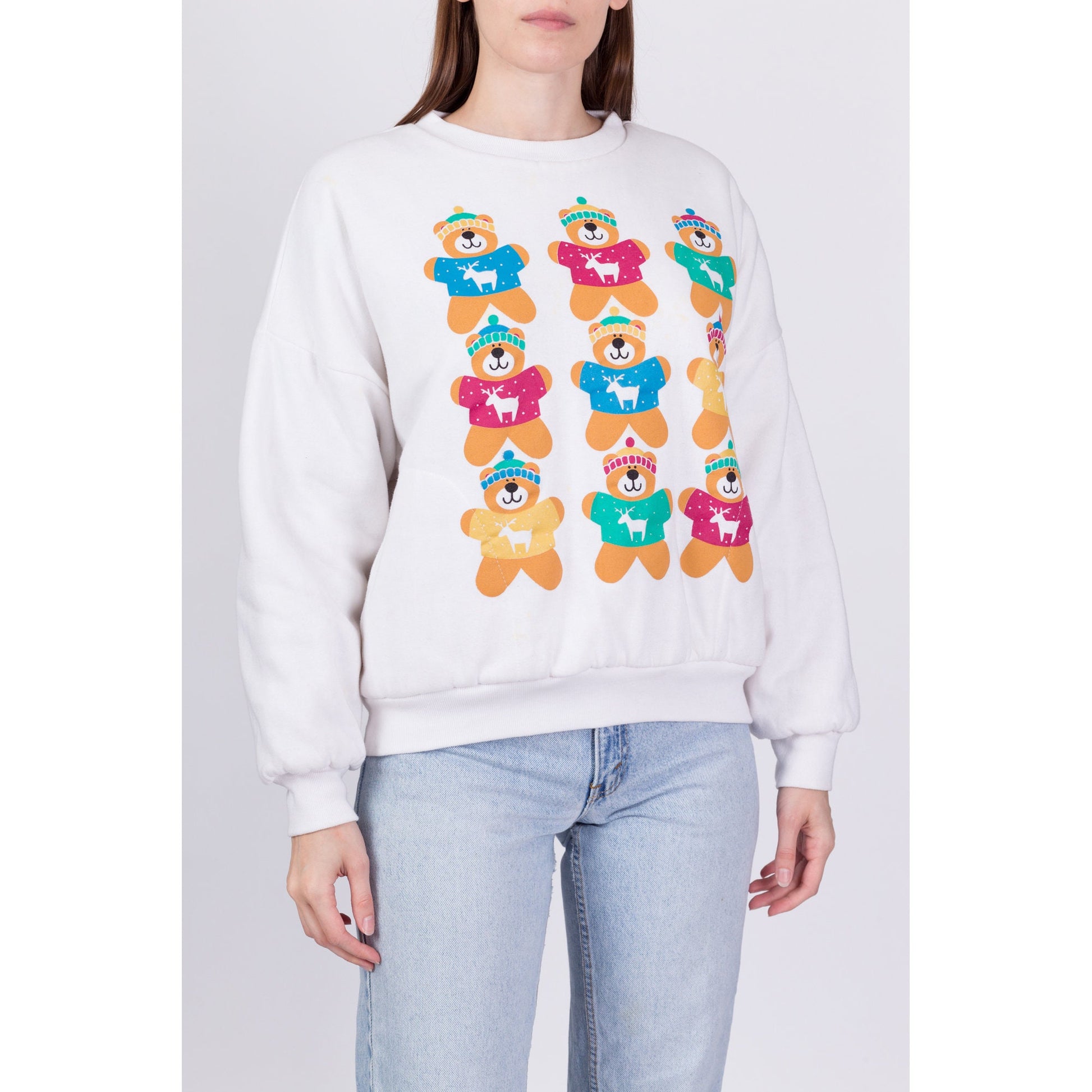 80s Reindeer Teddy Bear Reversible Sweatshirt - Medium 