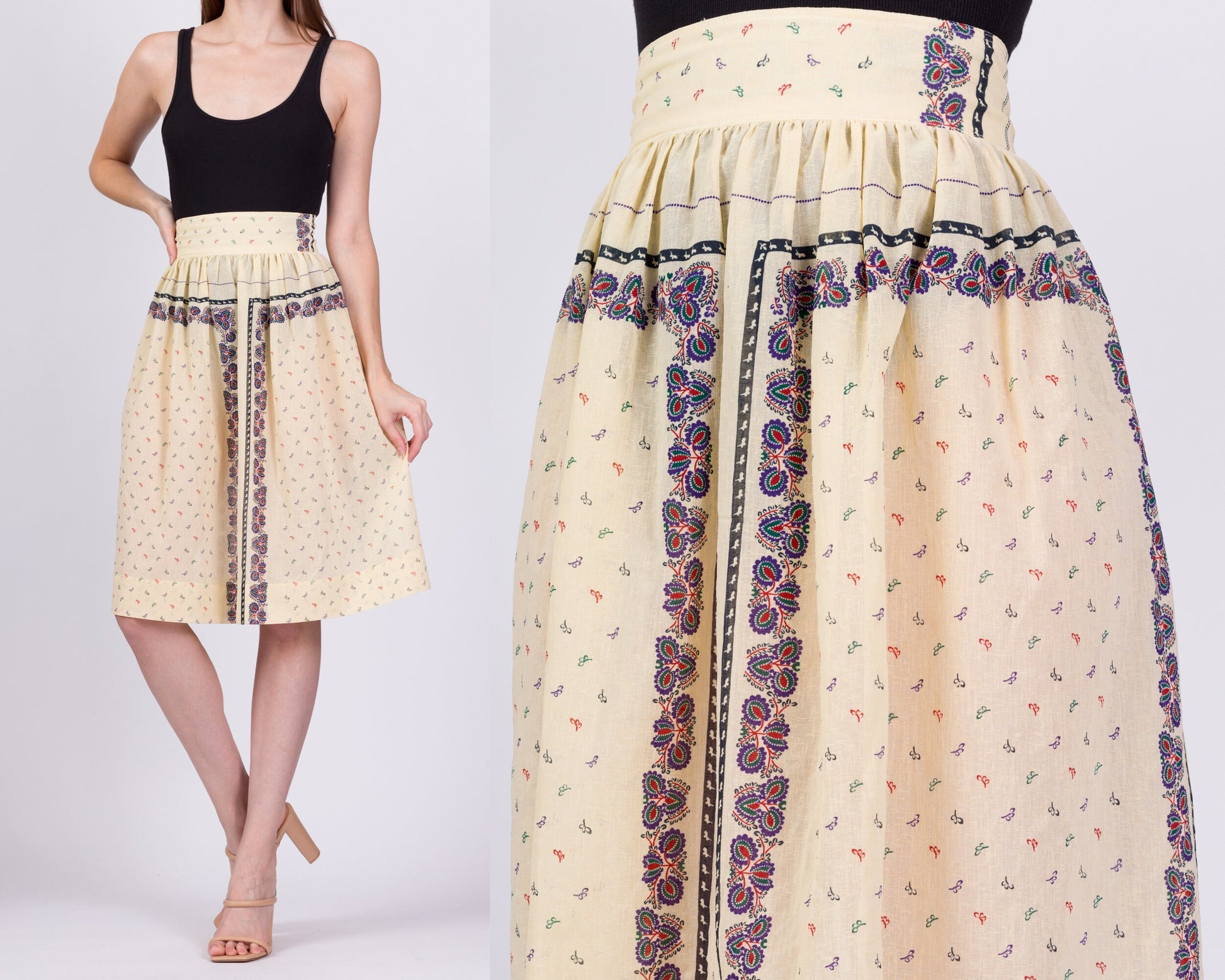 60s 70s Boho Sheer Floral Skirt - Medium, 28" 