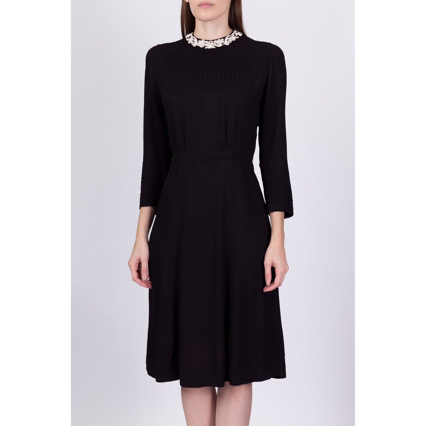 1940s Gothic Black & White Beaded Collar Dress - Petite Medium 