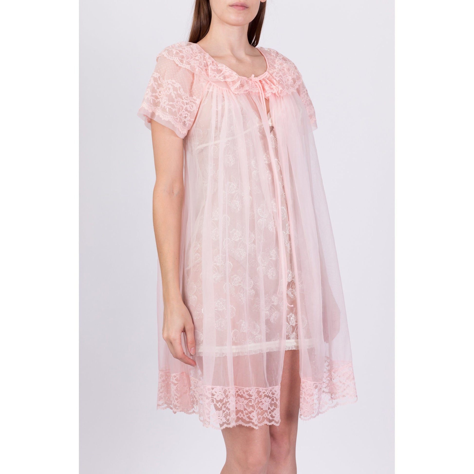 60s Sheer Pink Puff Sleeve Peignoir - Small 