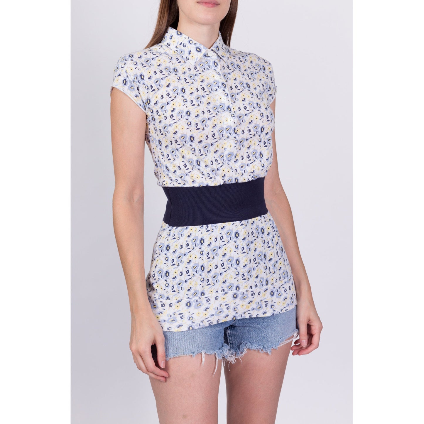 80s 90s Preppy Floral Polo Top - Extra Small 