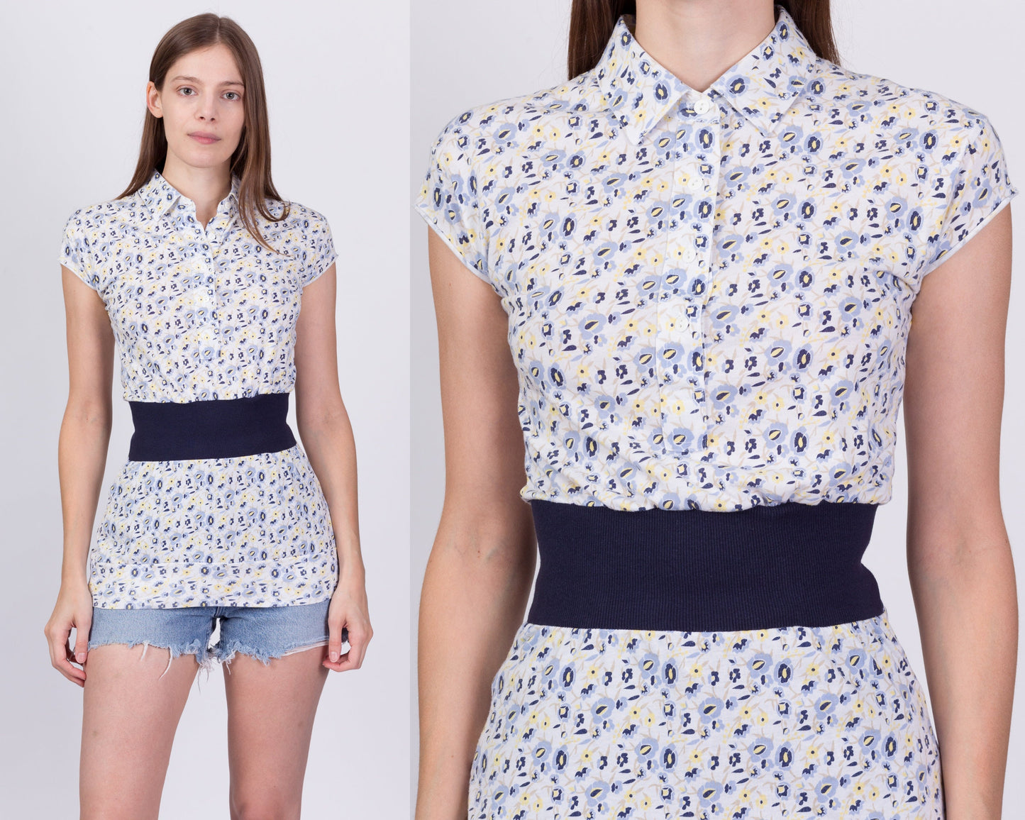 80s 90s Preppy Floral Polo Top - Extra Small 