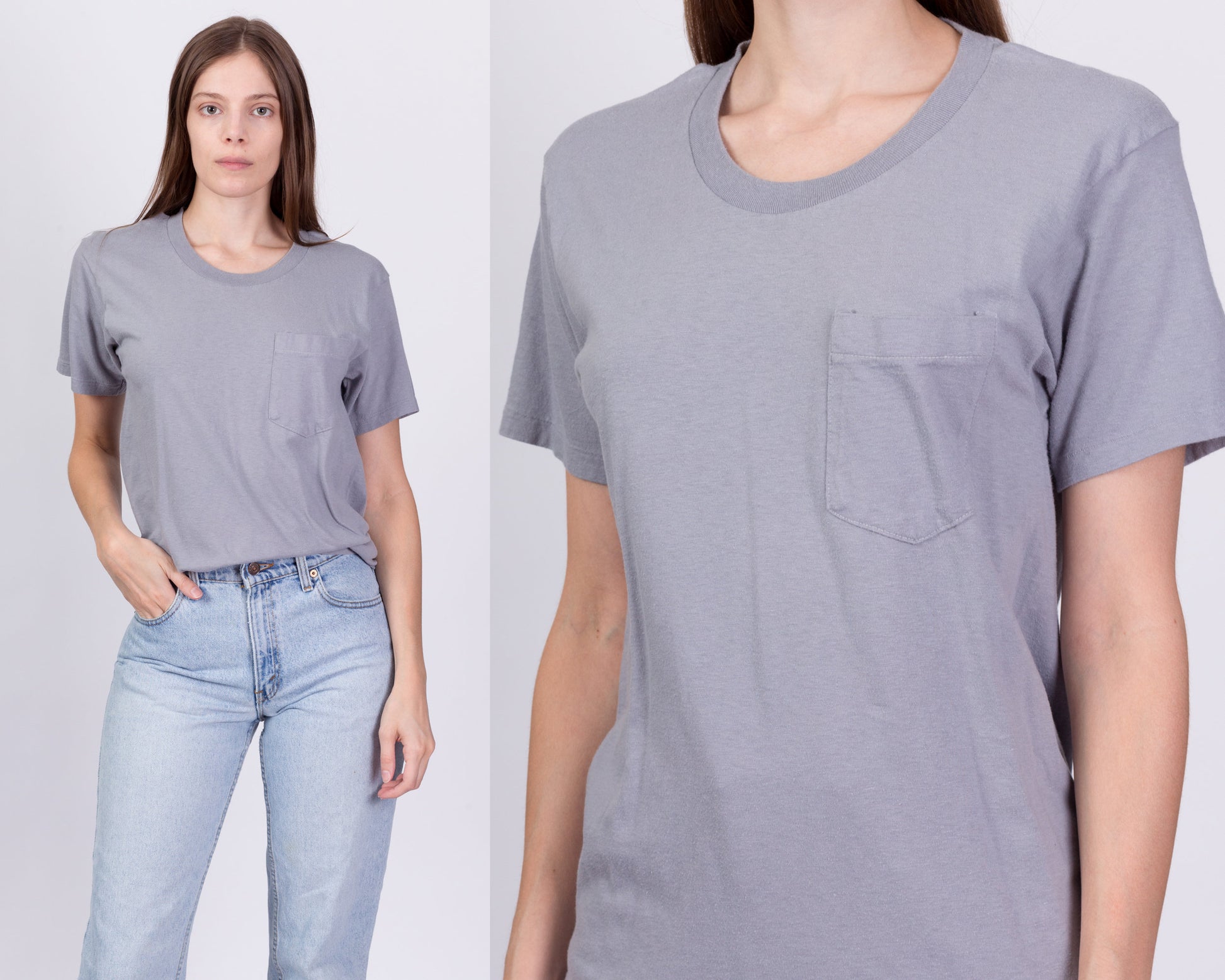 90s Plain Grey Unisex Pocket Tee - Small 