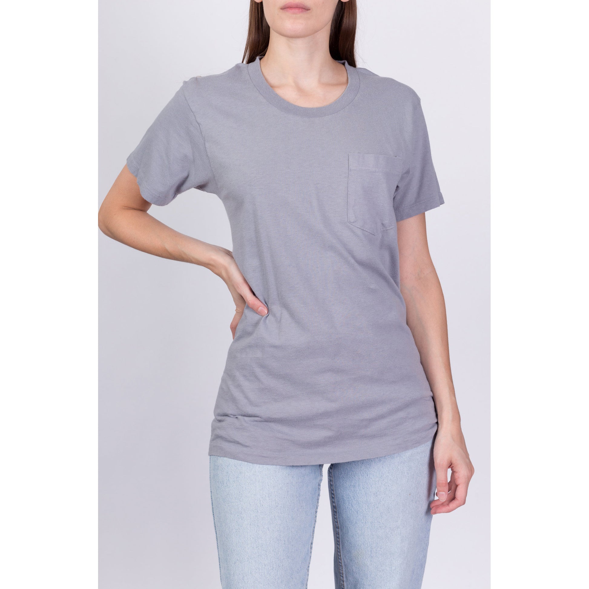 90s Plain Grey Unisex Pocket Tee - Small 
