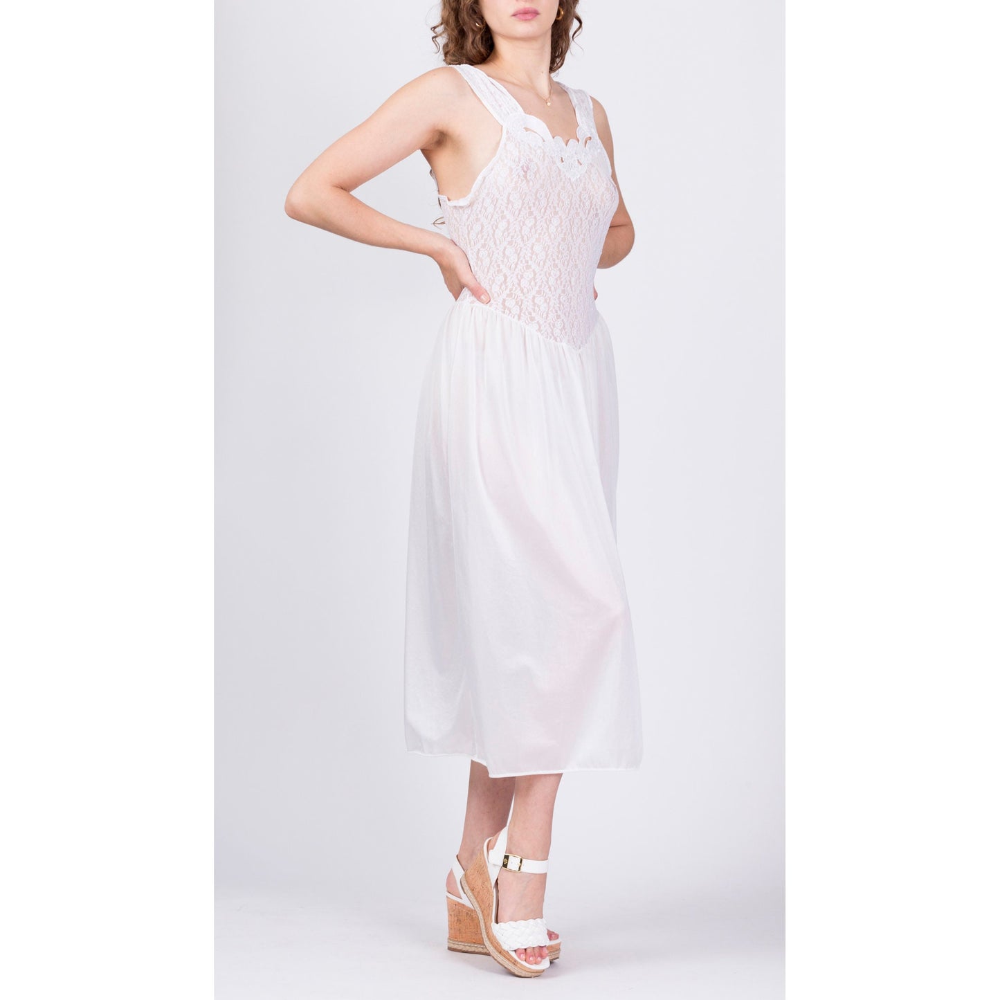 80s Sheer White Lace Nightgown - Medium 