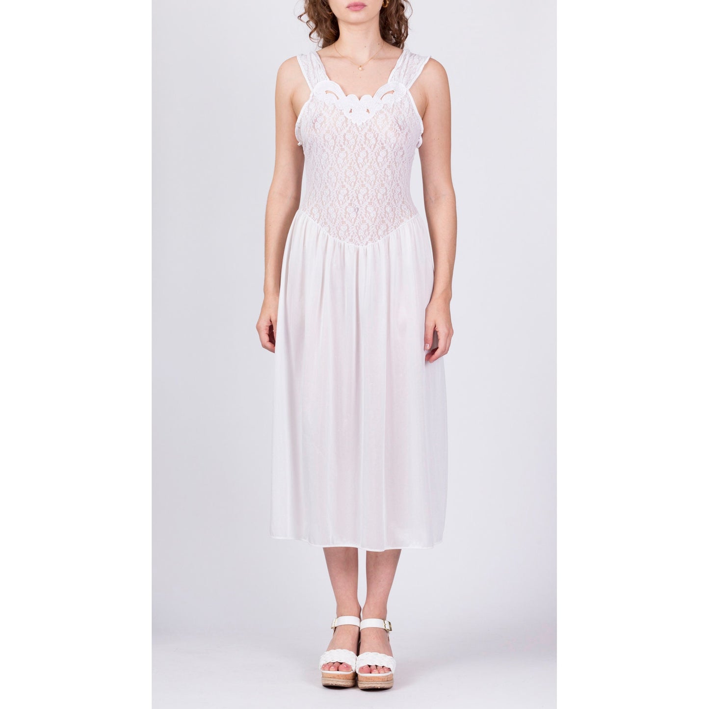 80s Sheer White Lace Nightgown - Medium 
