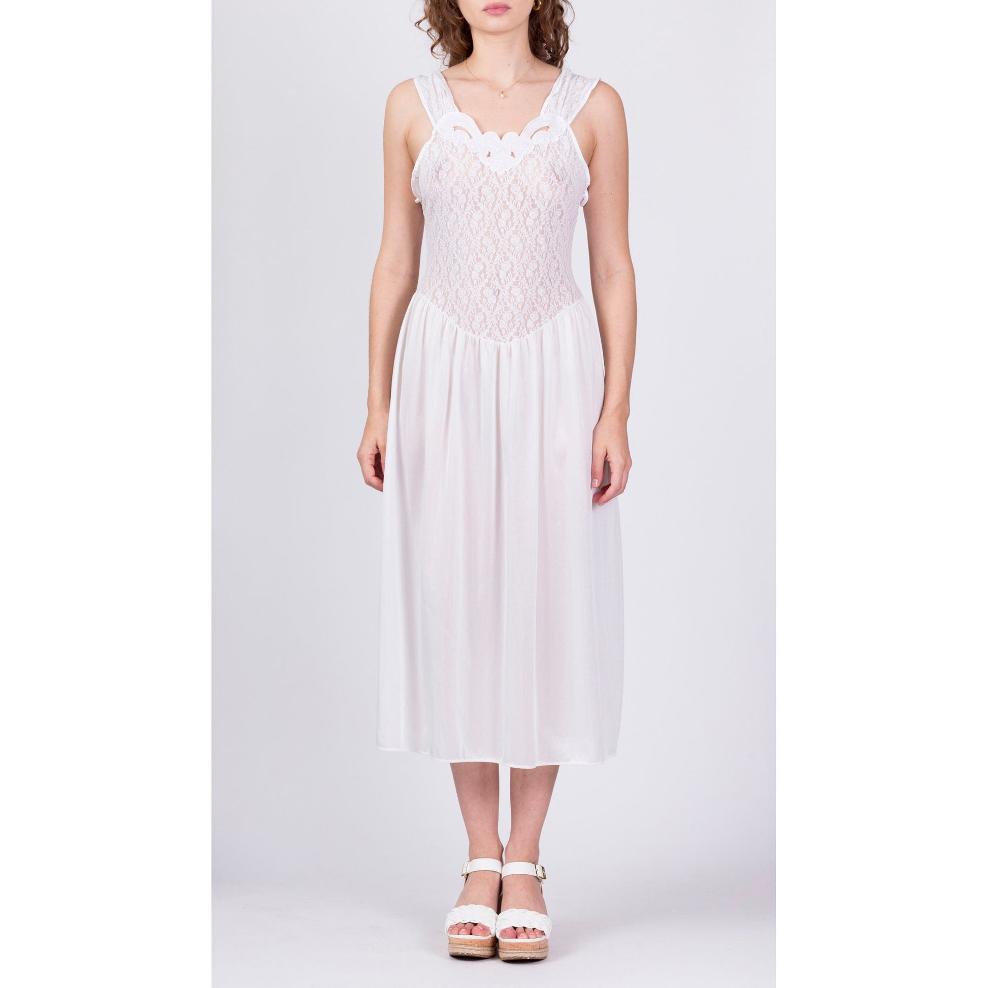 80s Sheer White Lace Nightgown - Medium 