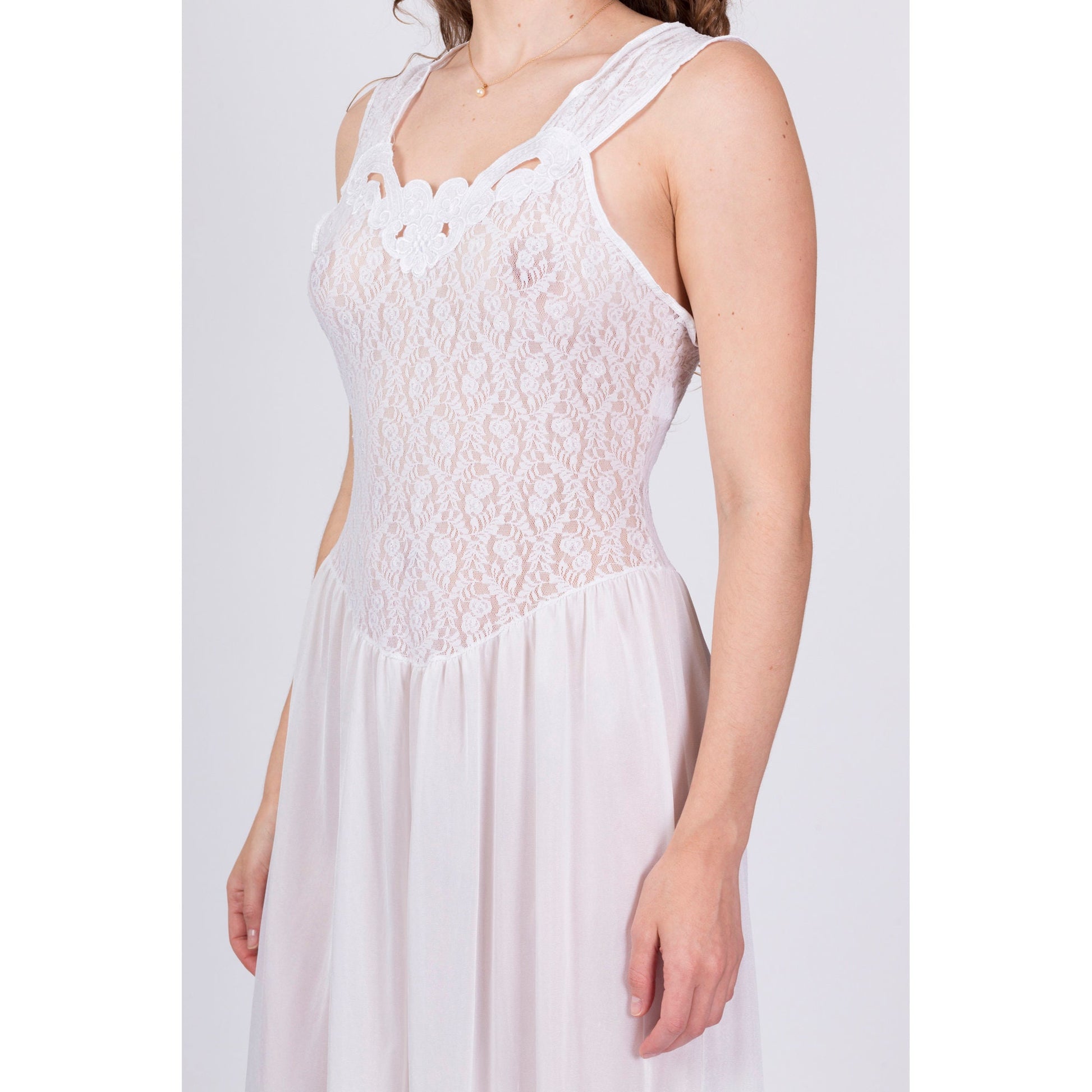 80s Sheer White Lace Nightgown - Medium 