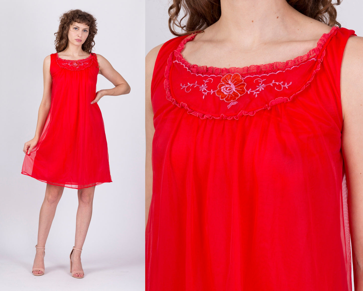 60s Red Babydoll Nightie - Small 