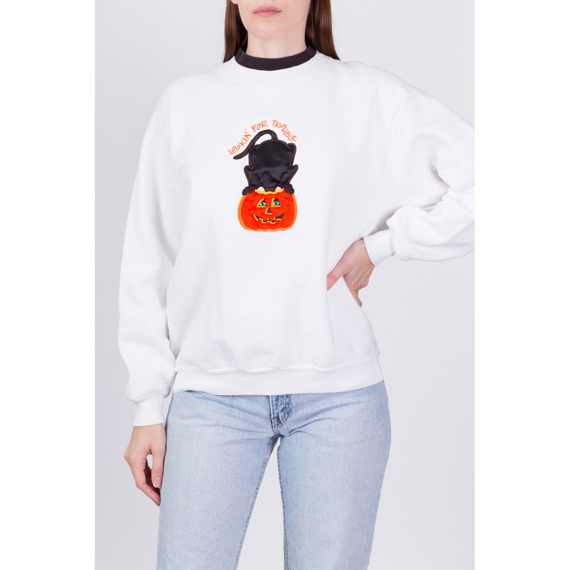 90s Halloween Cat Sweatshirt - Medium 