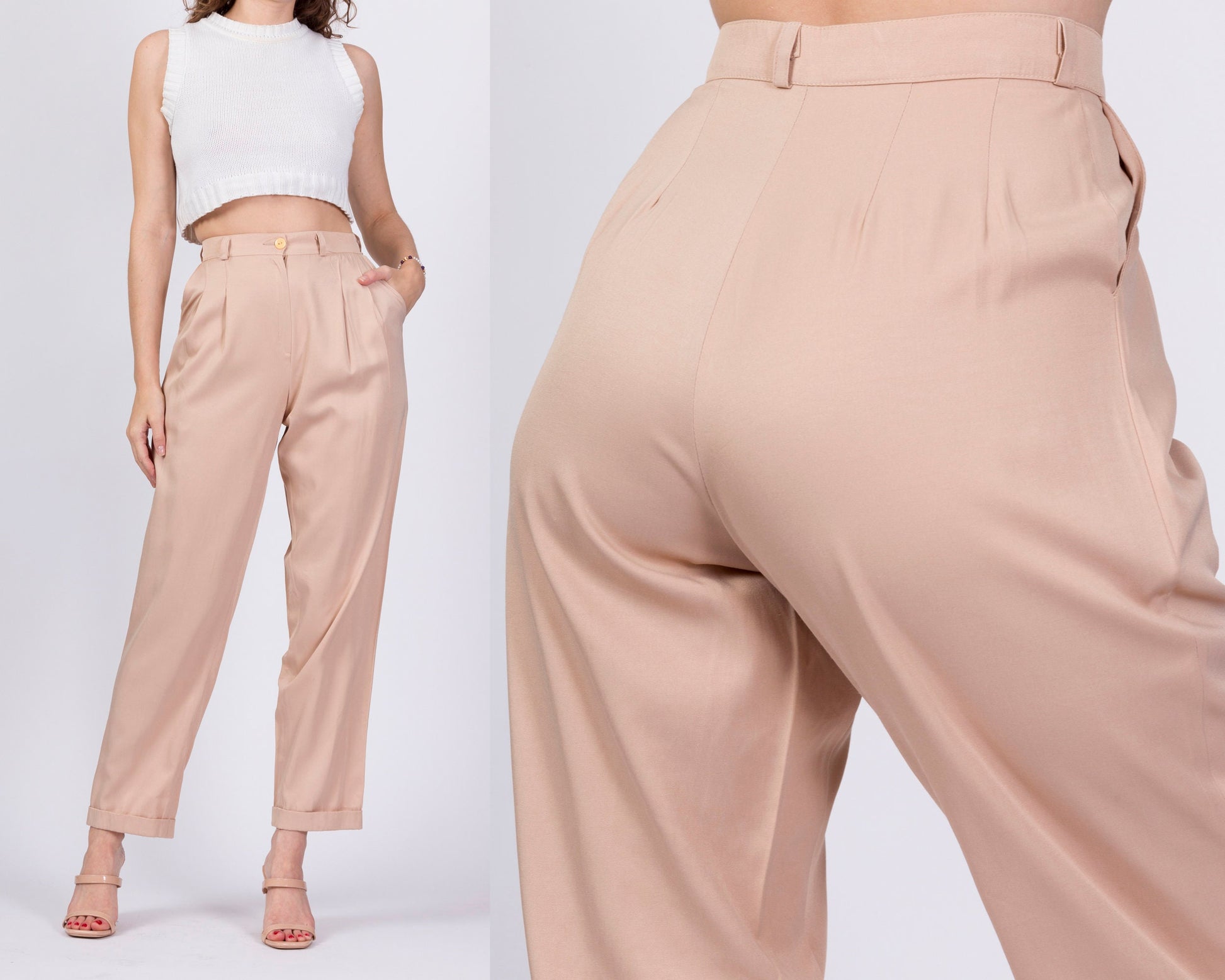 80s Tan High Waist Trousers - Small, 25.75 – Flying Apple Vintage