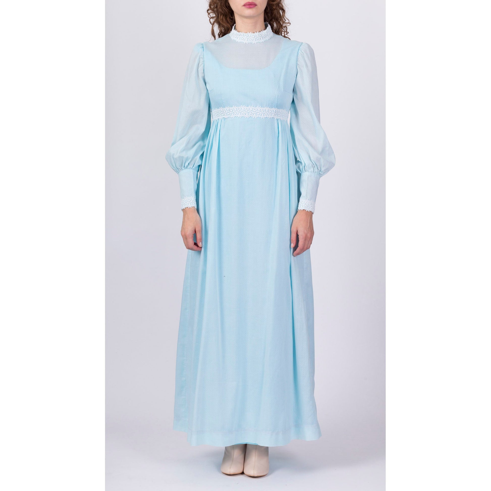 60s Swiss Dot Boho Prairie Maxi Dress - Small 