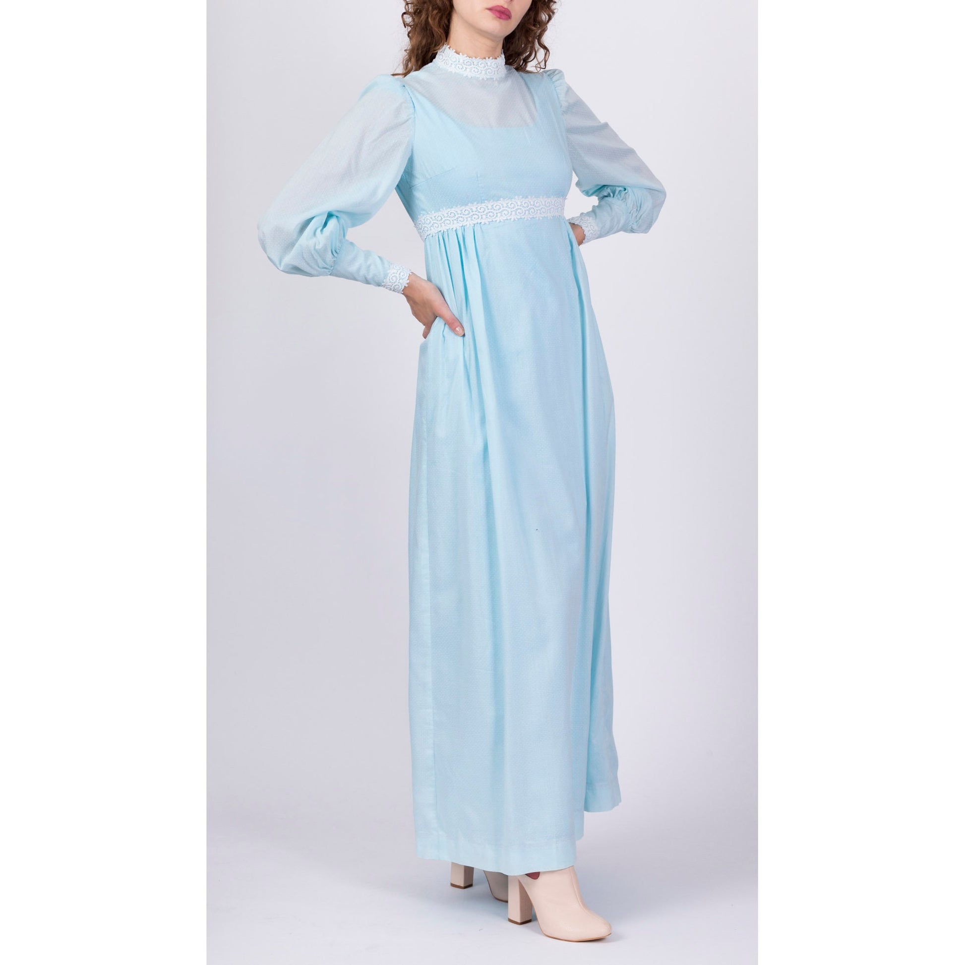 60s Swiss Dot Boho Prairie Maxi Dress - Small 