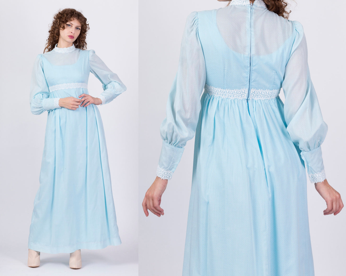 60s Swiss Dot Boho Prairie Maxi Dress - Small 