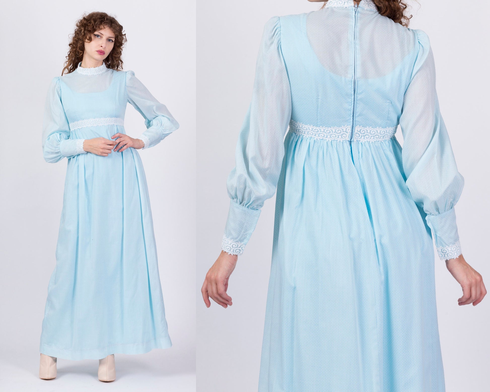 60s Swiss Dot Boho Prairie Maxi Dress - Small 