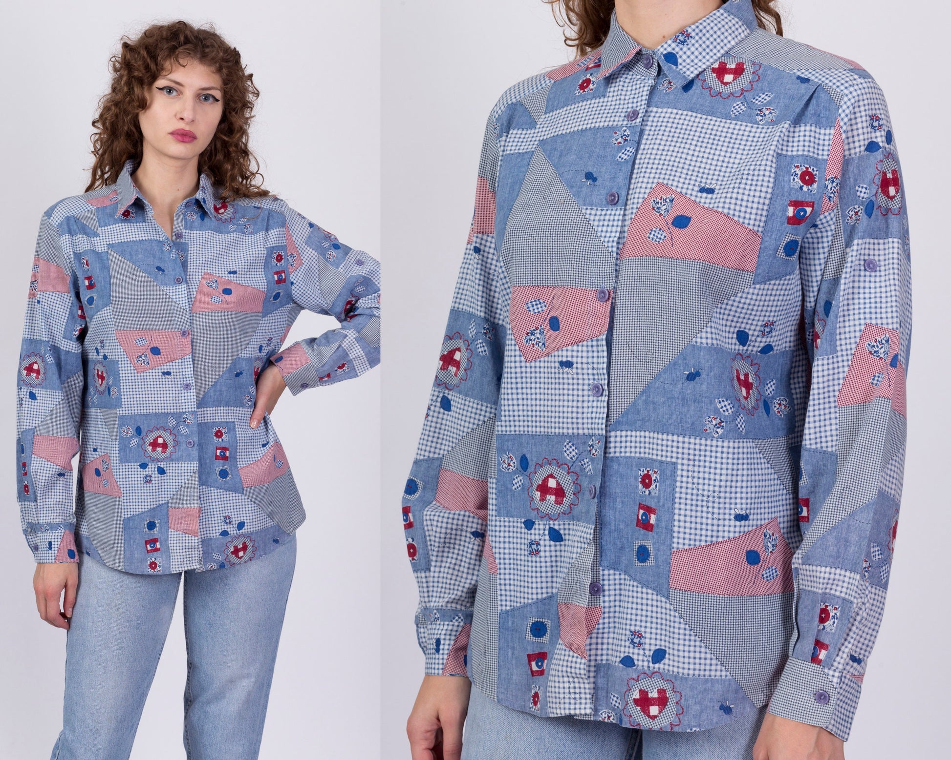 90s Does 70s Boho Chambray Patchwork Print Shirt - Large 