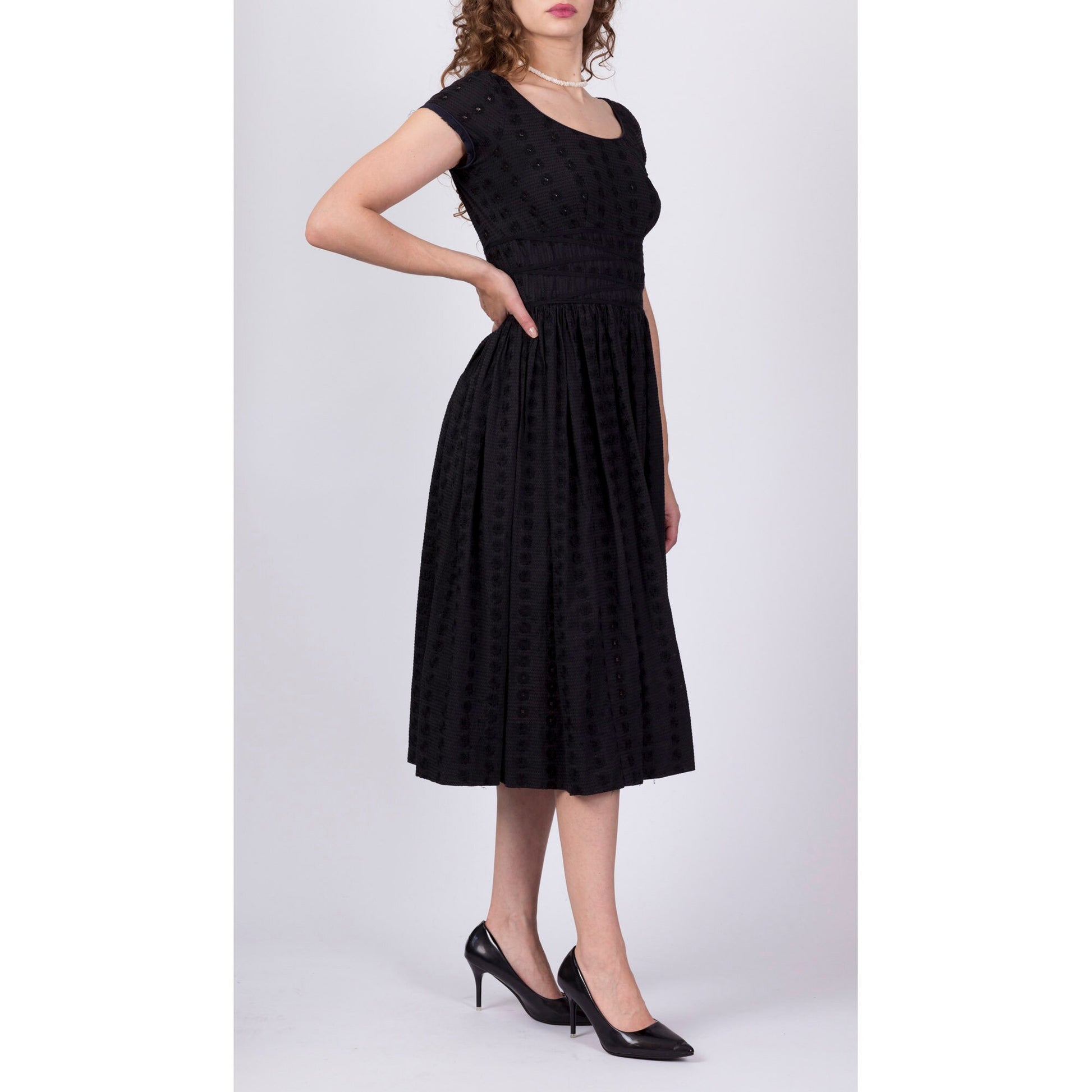 1950s Jerry Gilden Black Eyelet Fit & Flare Cocktail Dress - Extra Small 