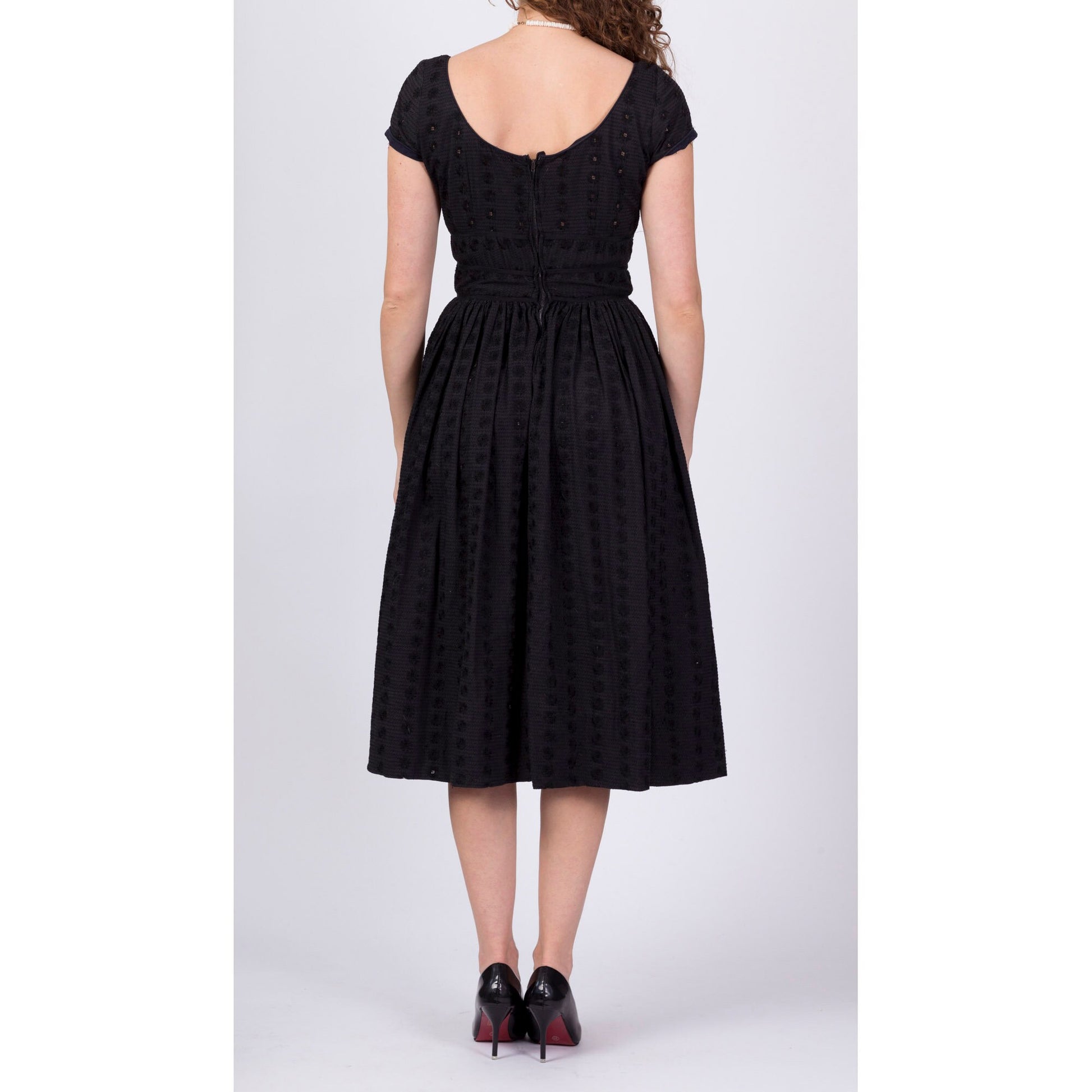 1950s Jerry Gilden Black Eyelet Fit & Flare Cocktail Dress - Extra Small 