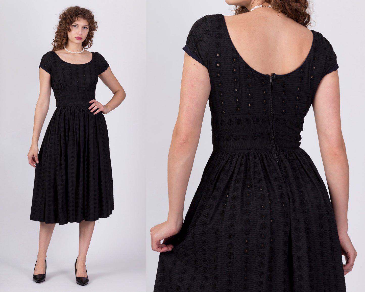 1950s Jerry Gilden Black Eyelet Fit & Flare Cocktail Dress - Extra Small 