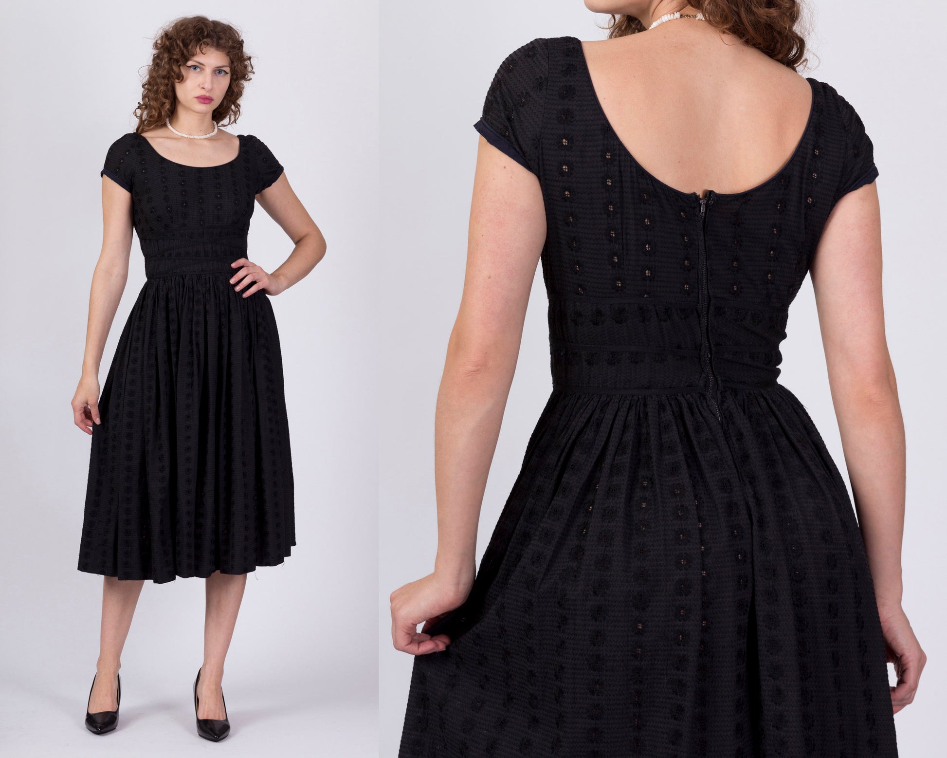 1950s Jerry Gilden Black Eyelet Fit & Flare Cocktail Dress - Extra Small 