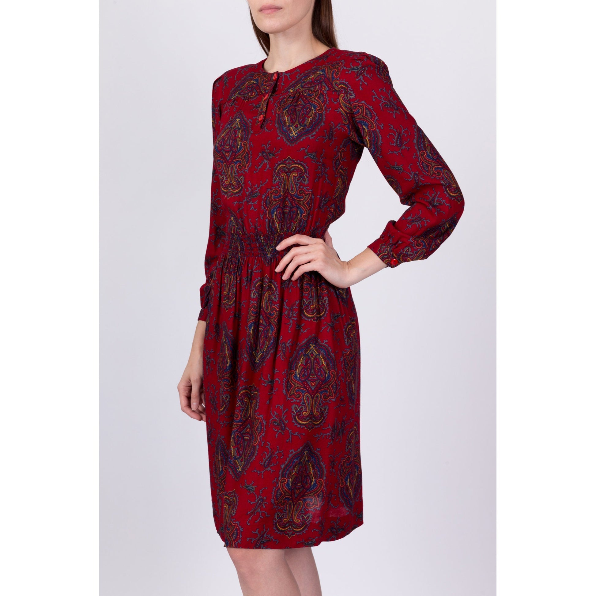 80s Grunge Red Paisley Dress - Extra Small 
