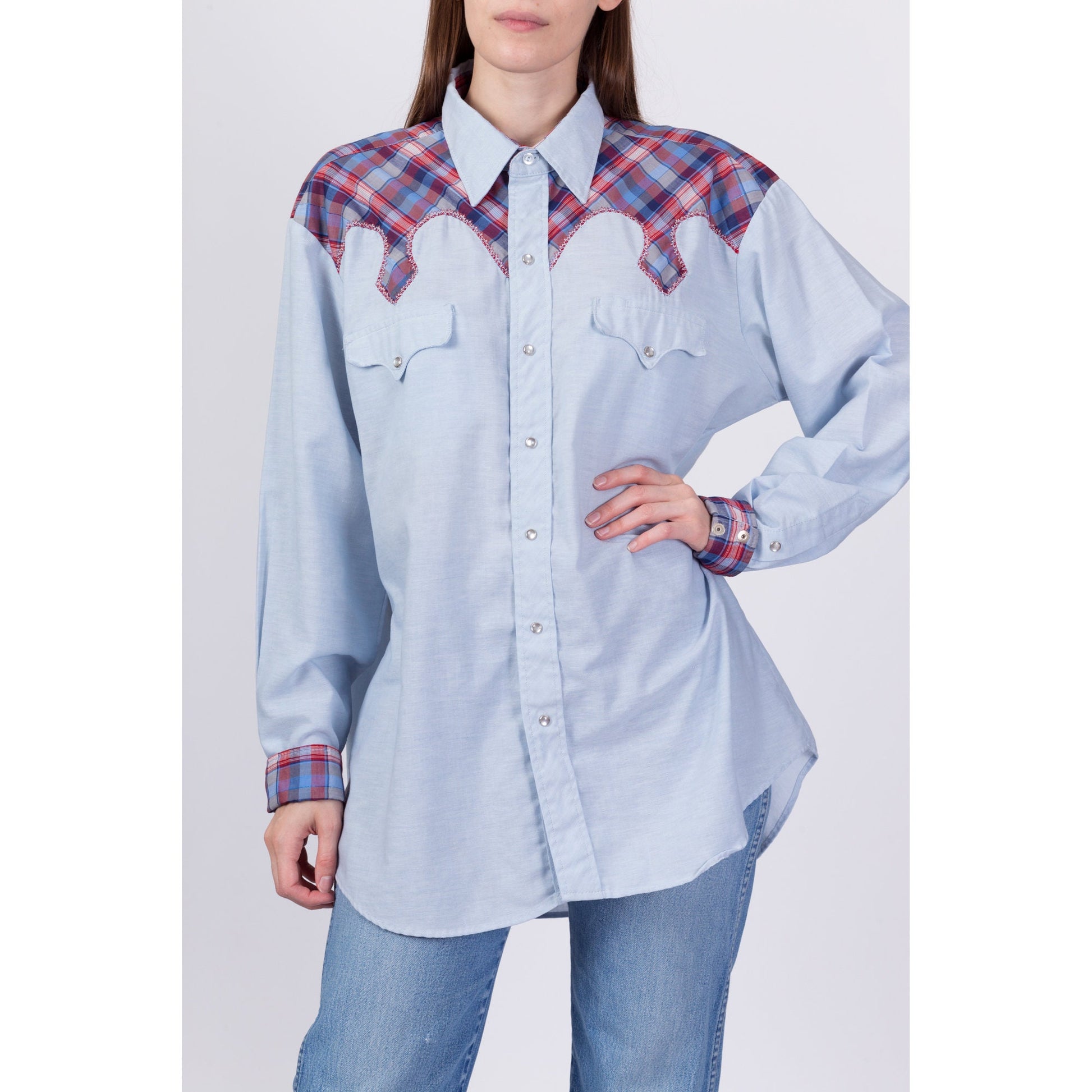 70s Kenny Rogers Karman Plaid Trim Western Shirt - Men's XL 