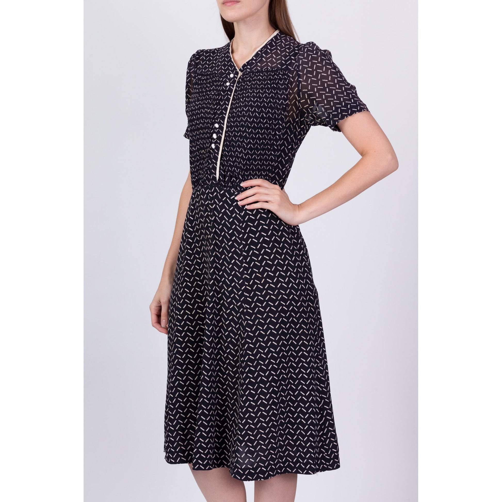 1940s Black & White Sheer Midi Shirtdress, As Is - Medium 