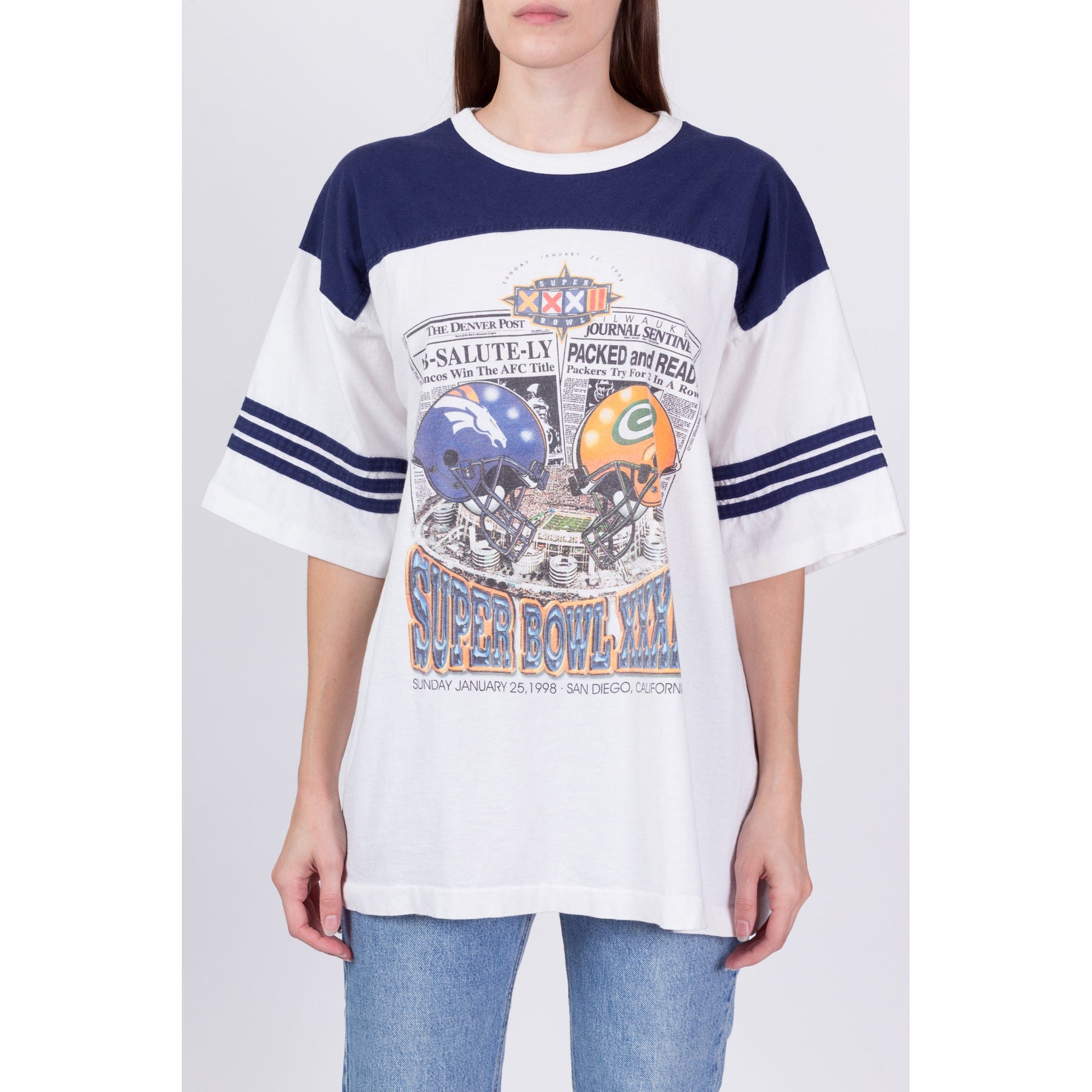 Vintage 1998 Super Bowl XXXII Newspaper Print T Shirt - Men's Large, Women's XL 