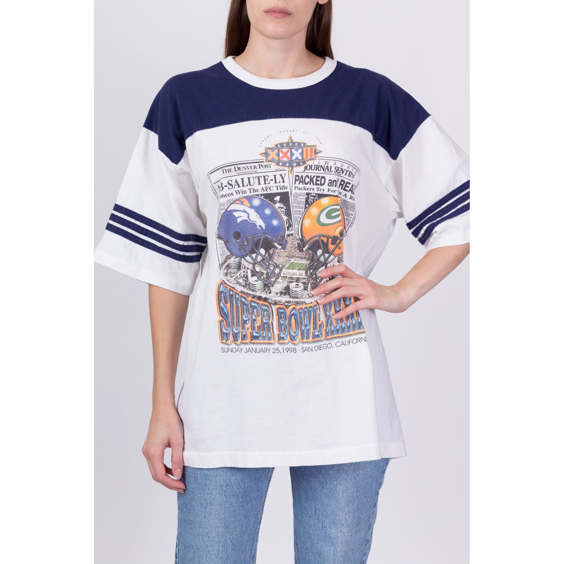Vintage 1998 Super Bowl XXXII Newspaper Print T Shirt - Men's Large, Women's XL 