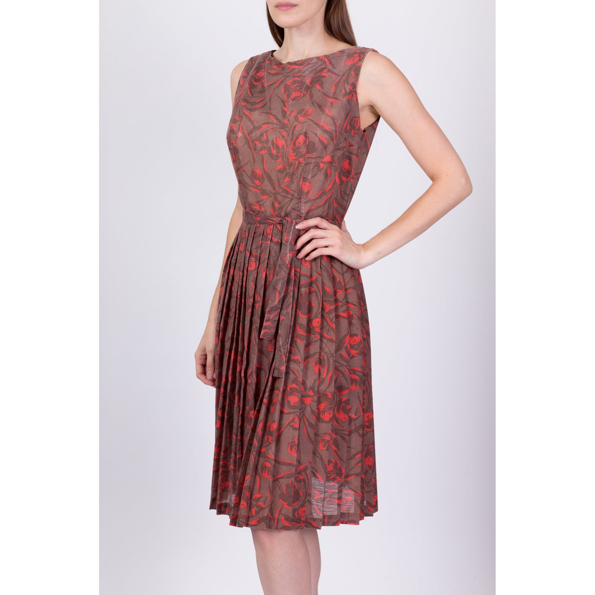 50s 60s Floral Fit & Flare Midi Dress - Small 