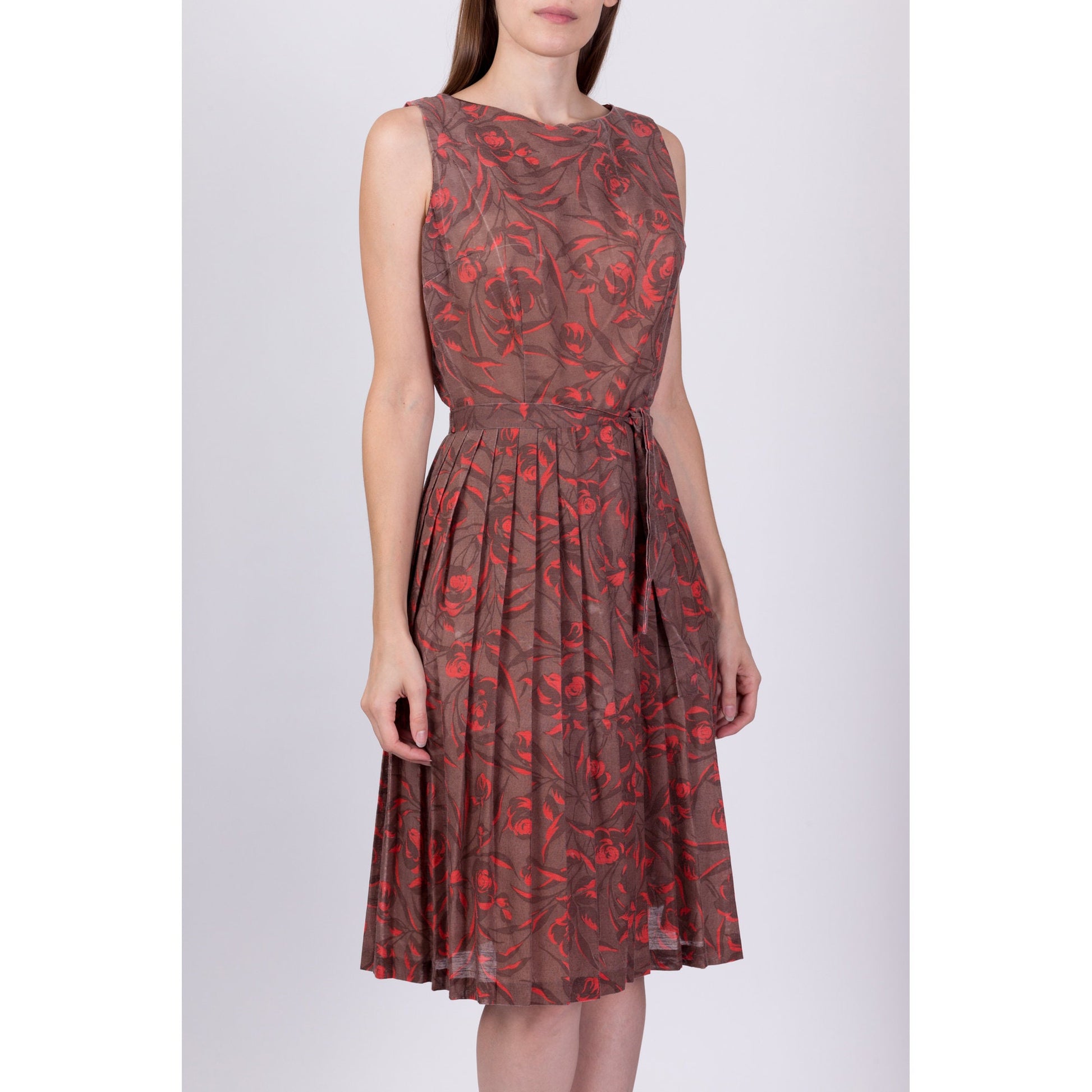 50s 60s Floral Fit & Flare Midi Dress - Small 