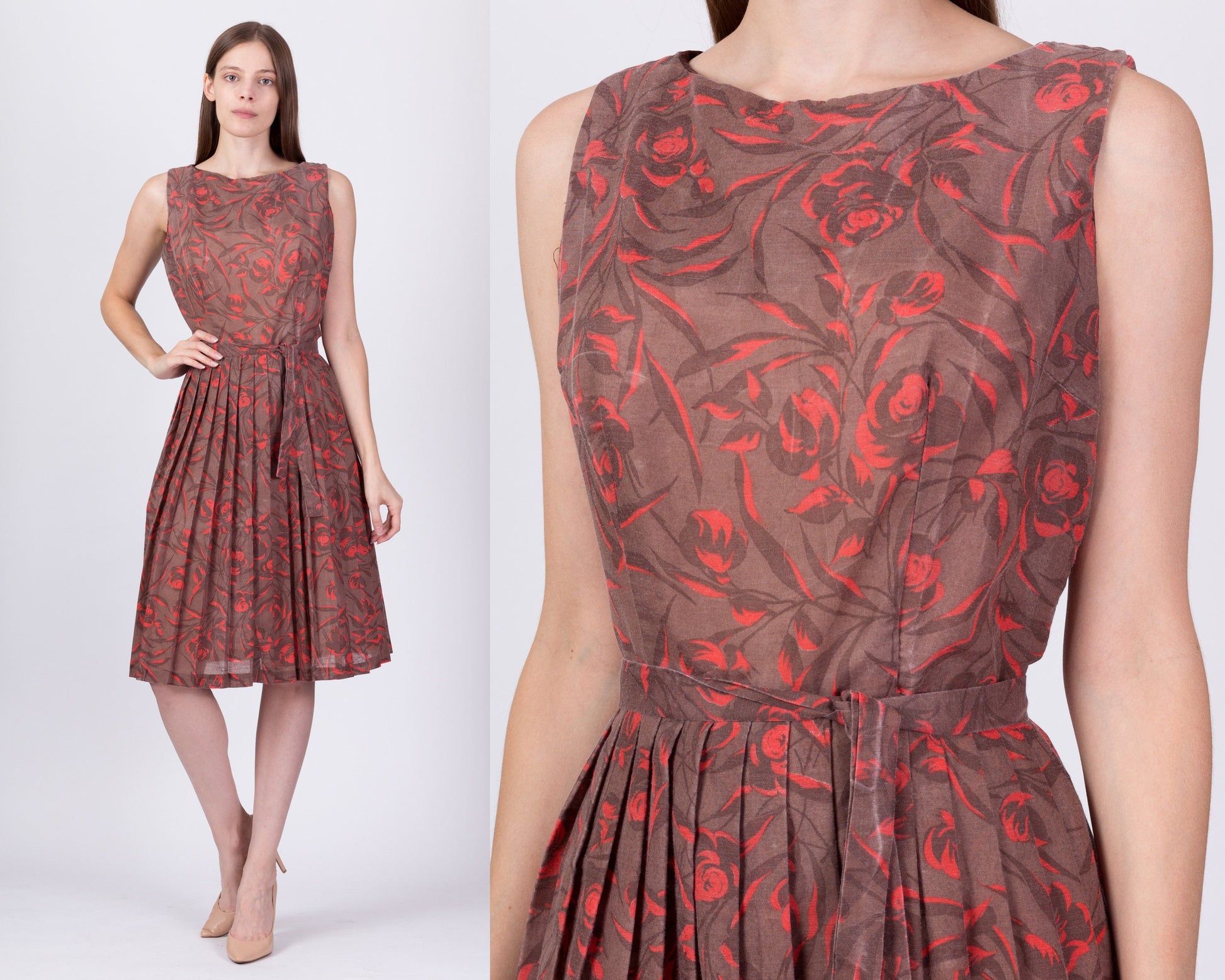 50s 60s Floral Fit & Flare Midi Dress - Small 