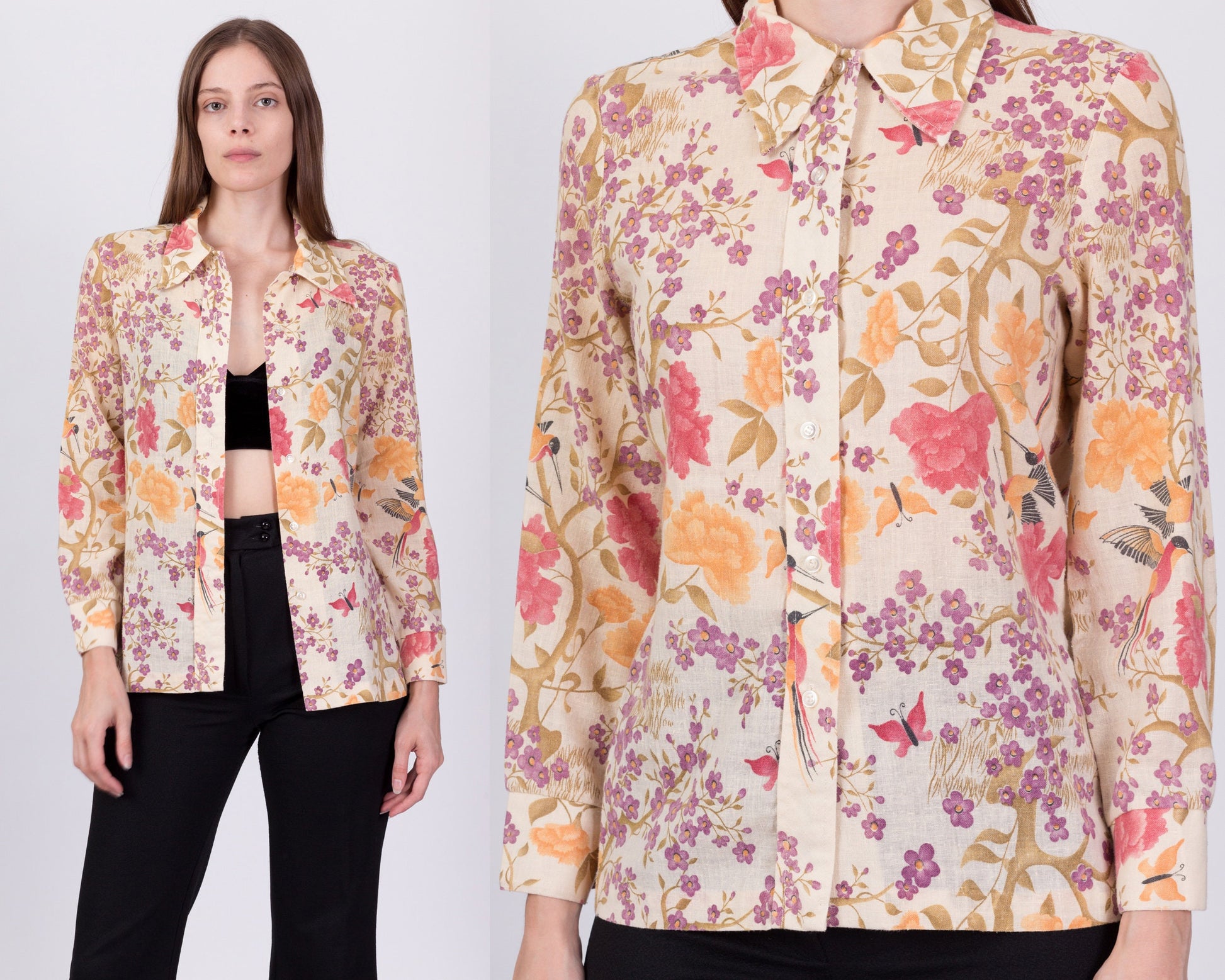 70s Butterfly Floral Button Up Shirt - Medium 
