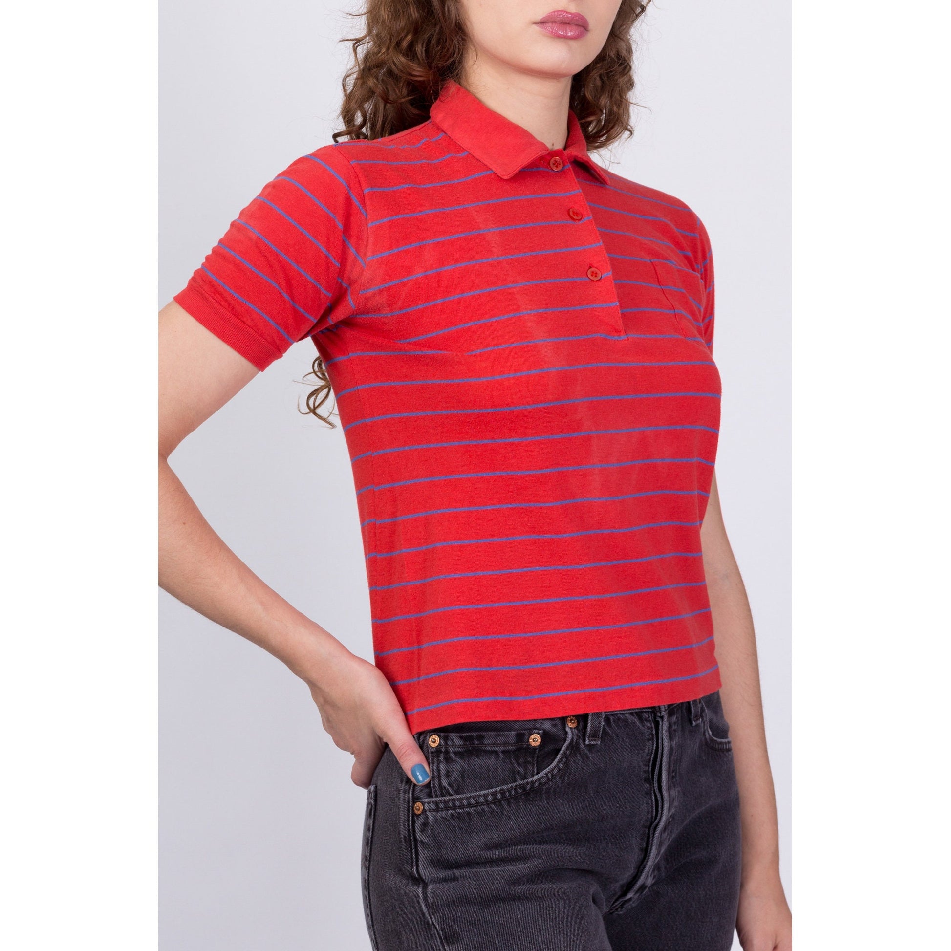 80s Red Striped Polo Shirt - Small 