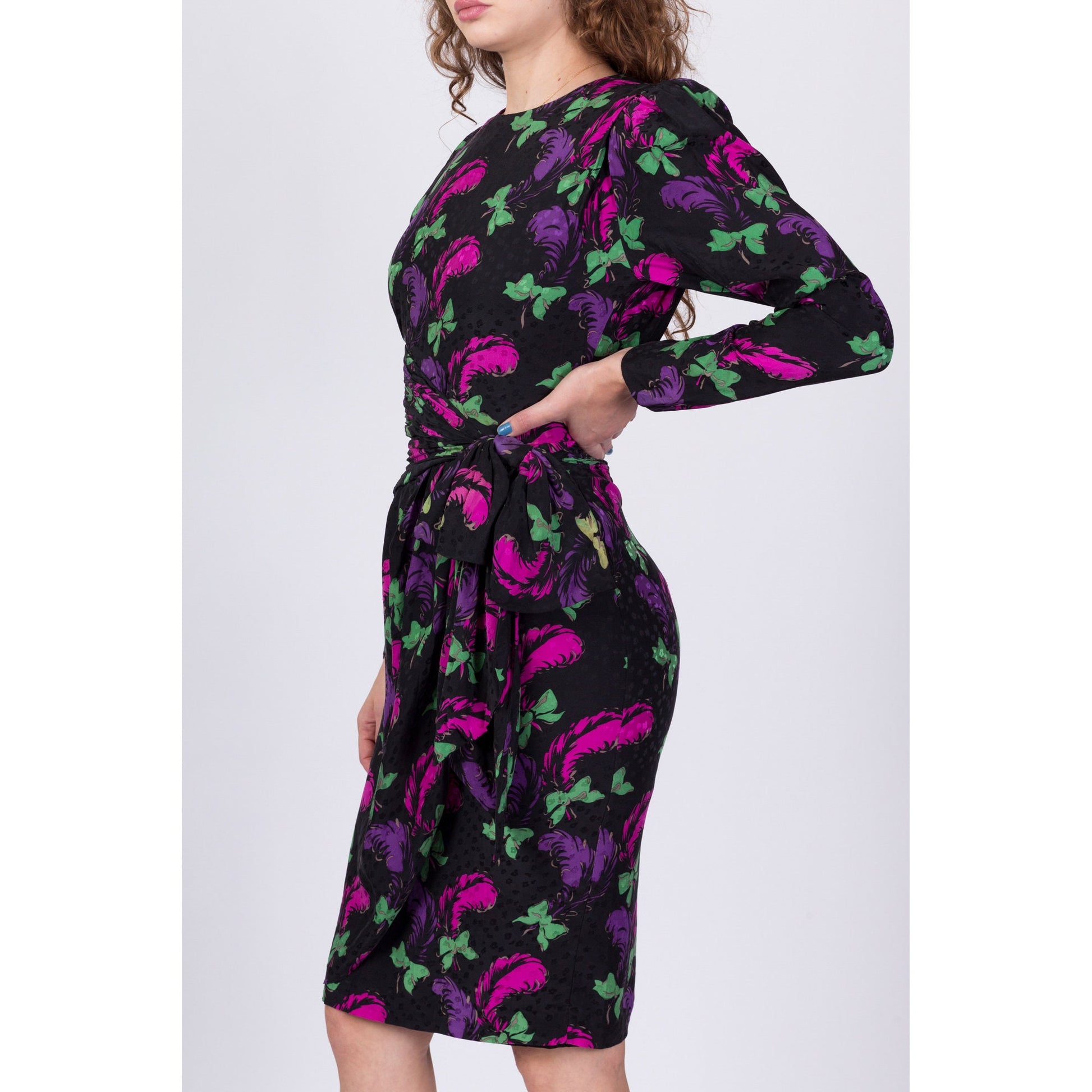 80s Silk Ostrich Feather Print Dress - Extra Small 