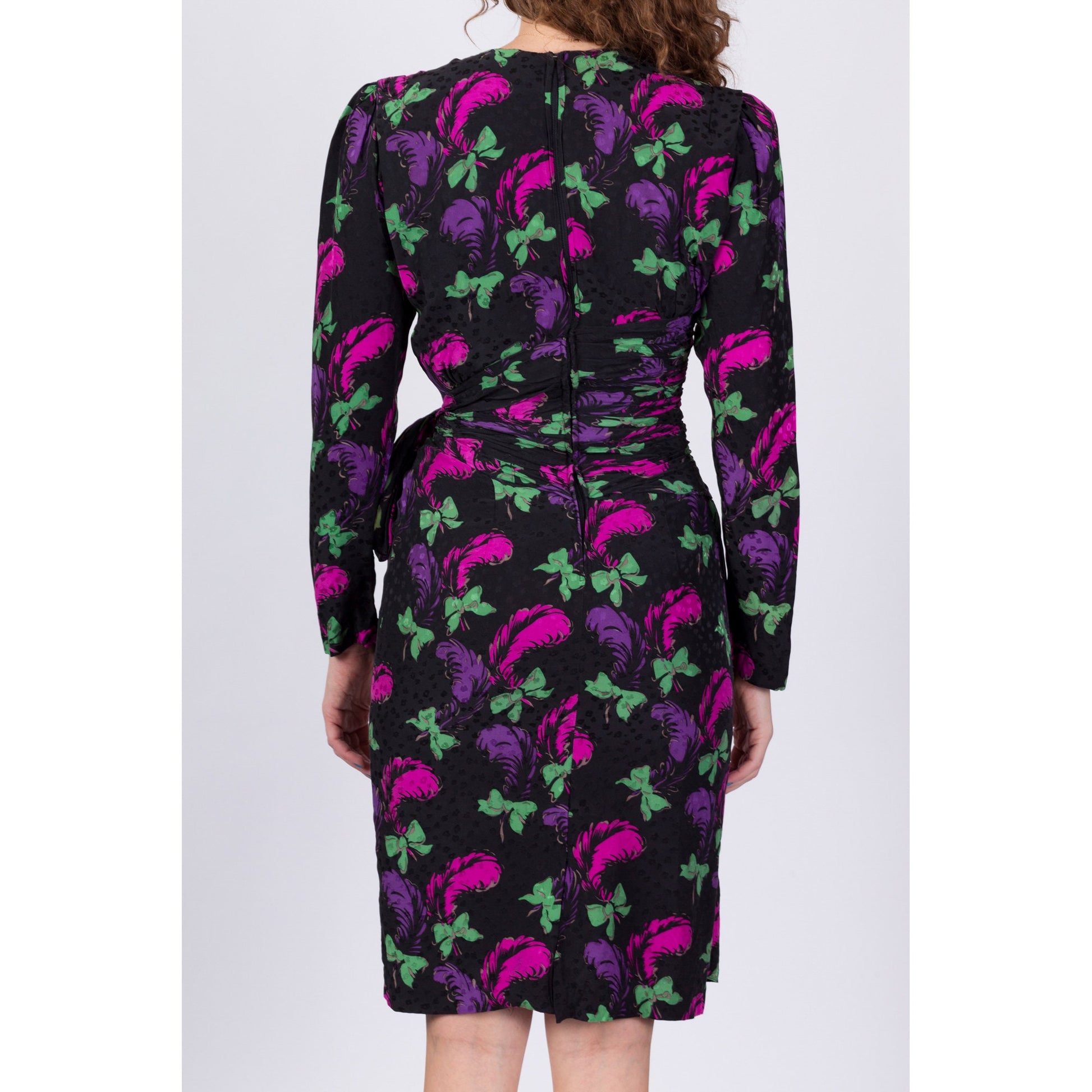 80s Silk Ostrich Feather Print Dress - Extra Small 