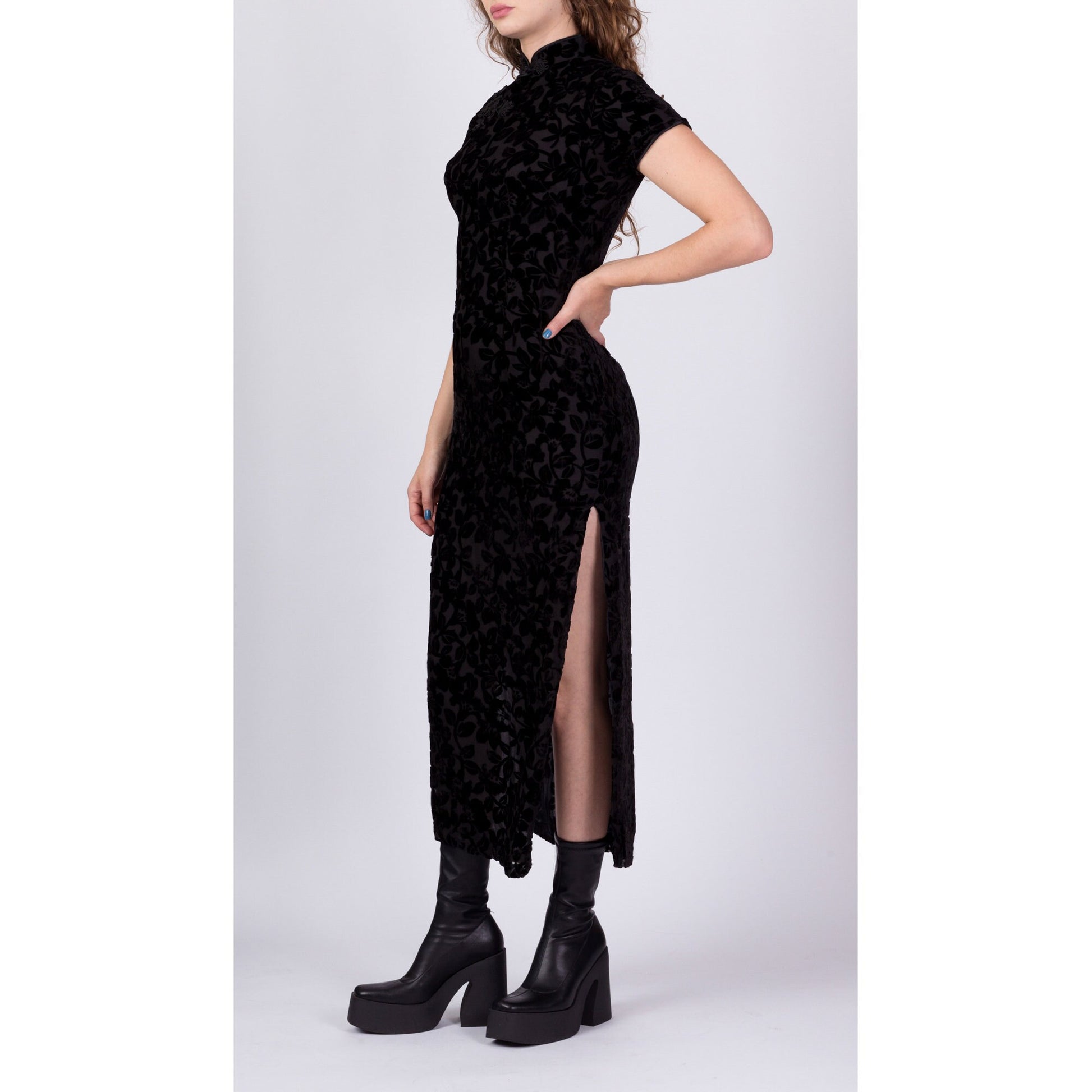 Vintage Black Velvet Burnout Cheongsam Dress, Deadstock - XS and Small 
