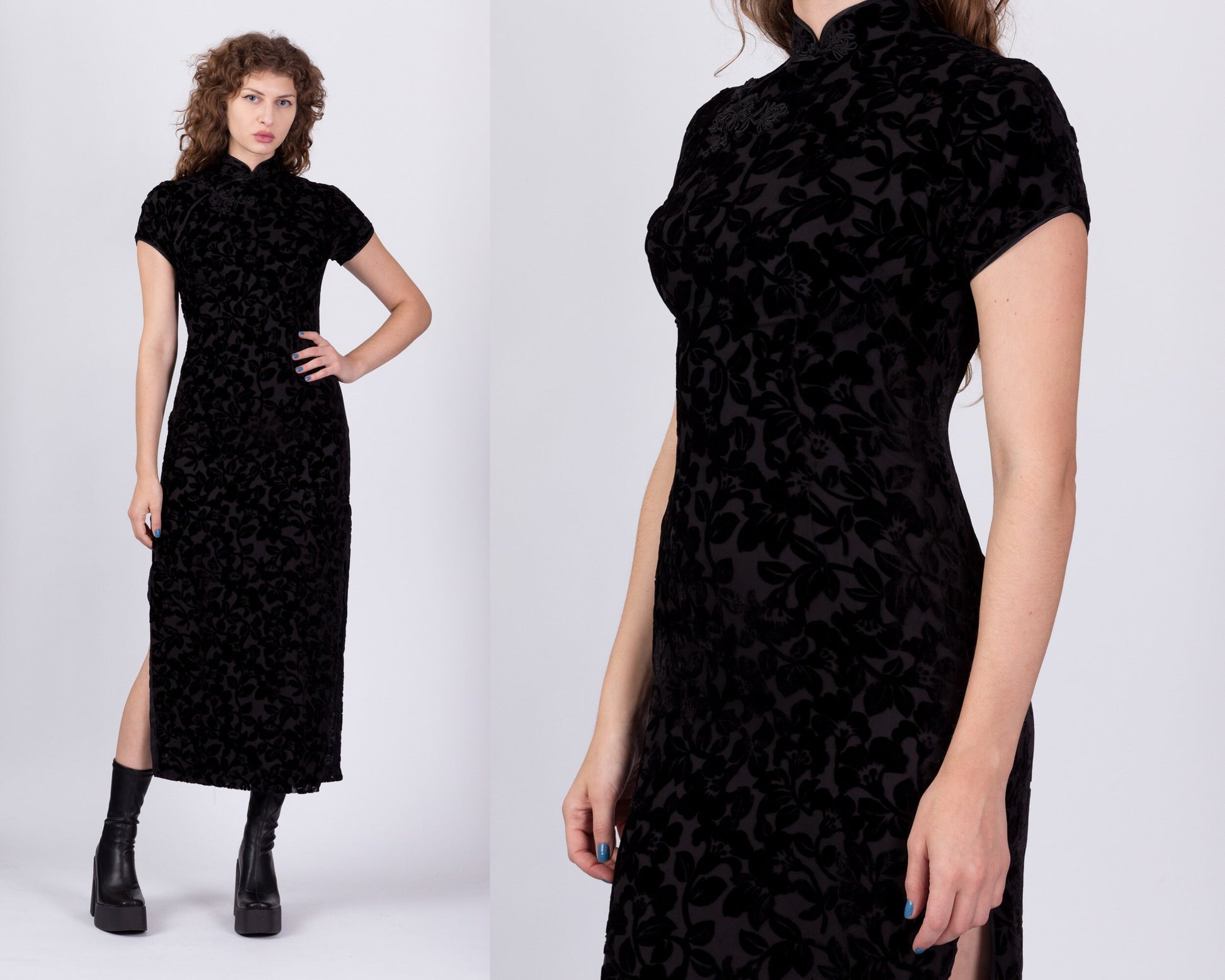 Vintage Black Velvet Burnout Cheongsam Dress, Deadstock - XS and Small 