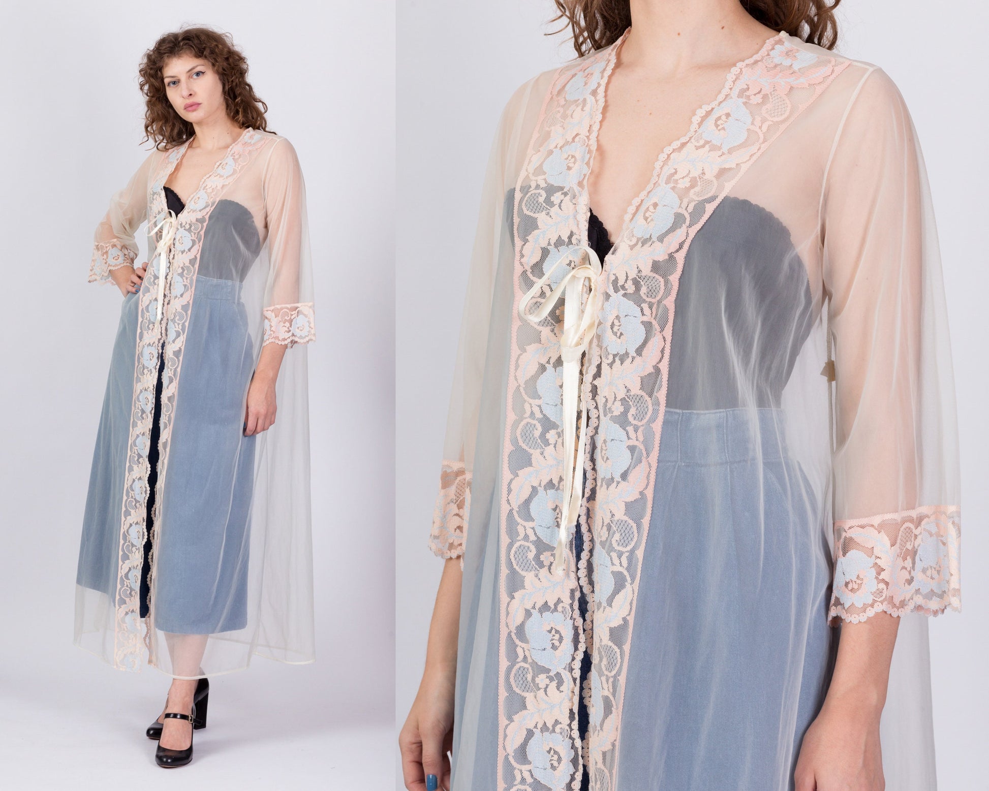 60s 70s Sheer Bluebell Lace Peignoir - Medium 