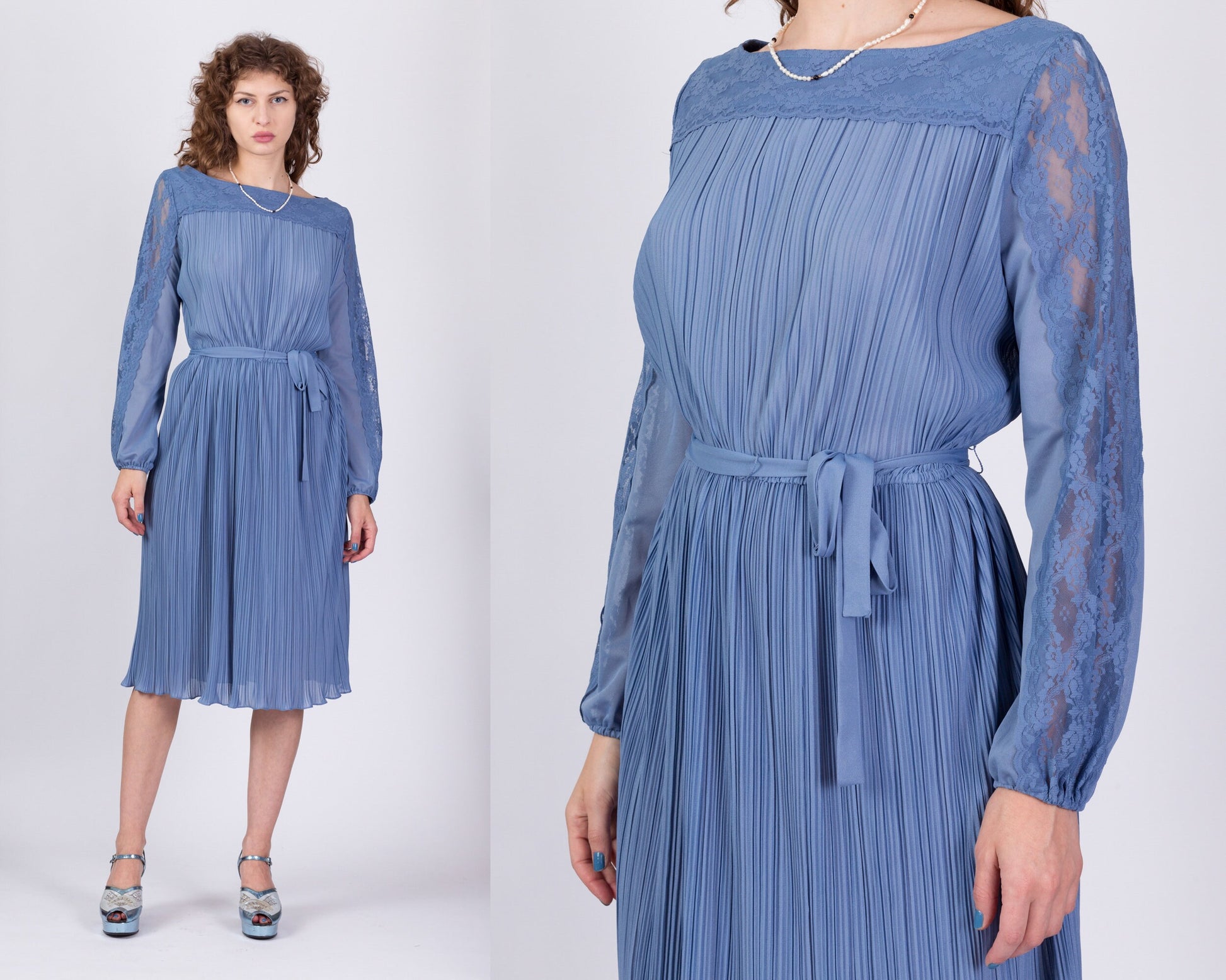 70s Blue Plisse Long Sleeve Midi Dress - Large 