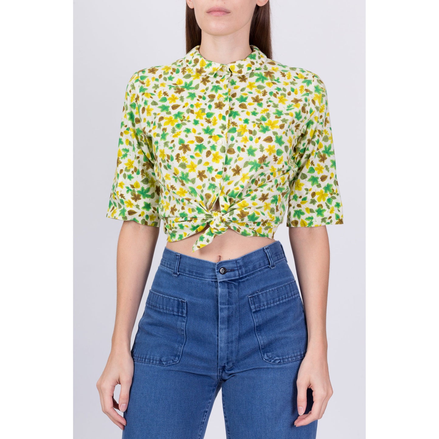 50s 60s Leaf Print Button Up Shirt - Petite Small 