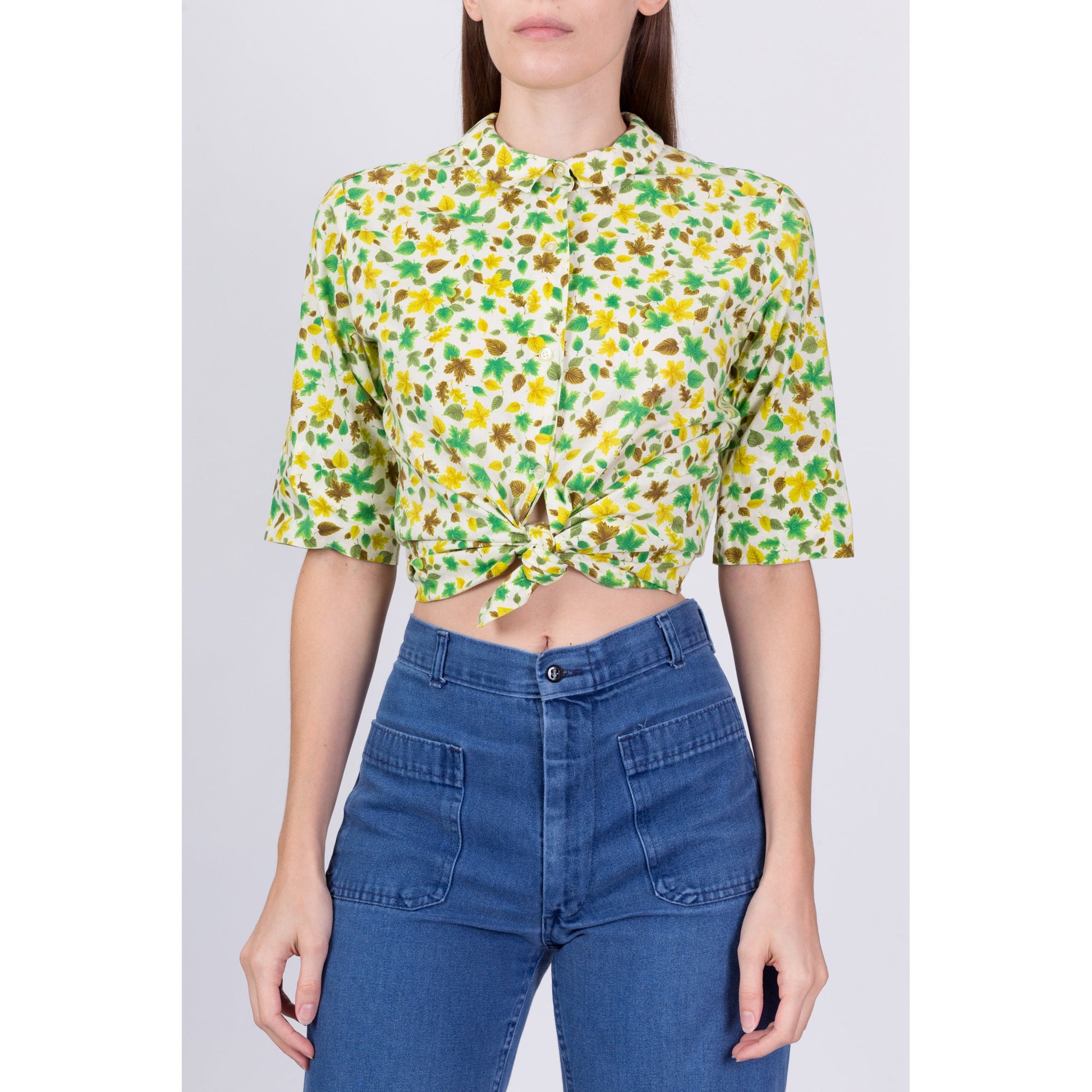 50s 60s Leaf Print Button Up Shirt - Petite Small 