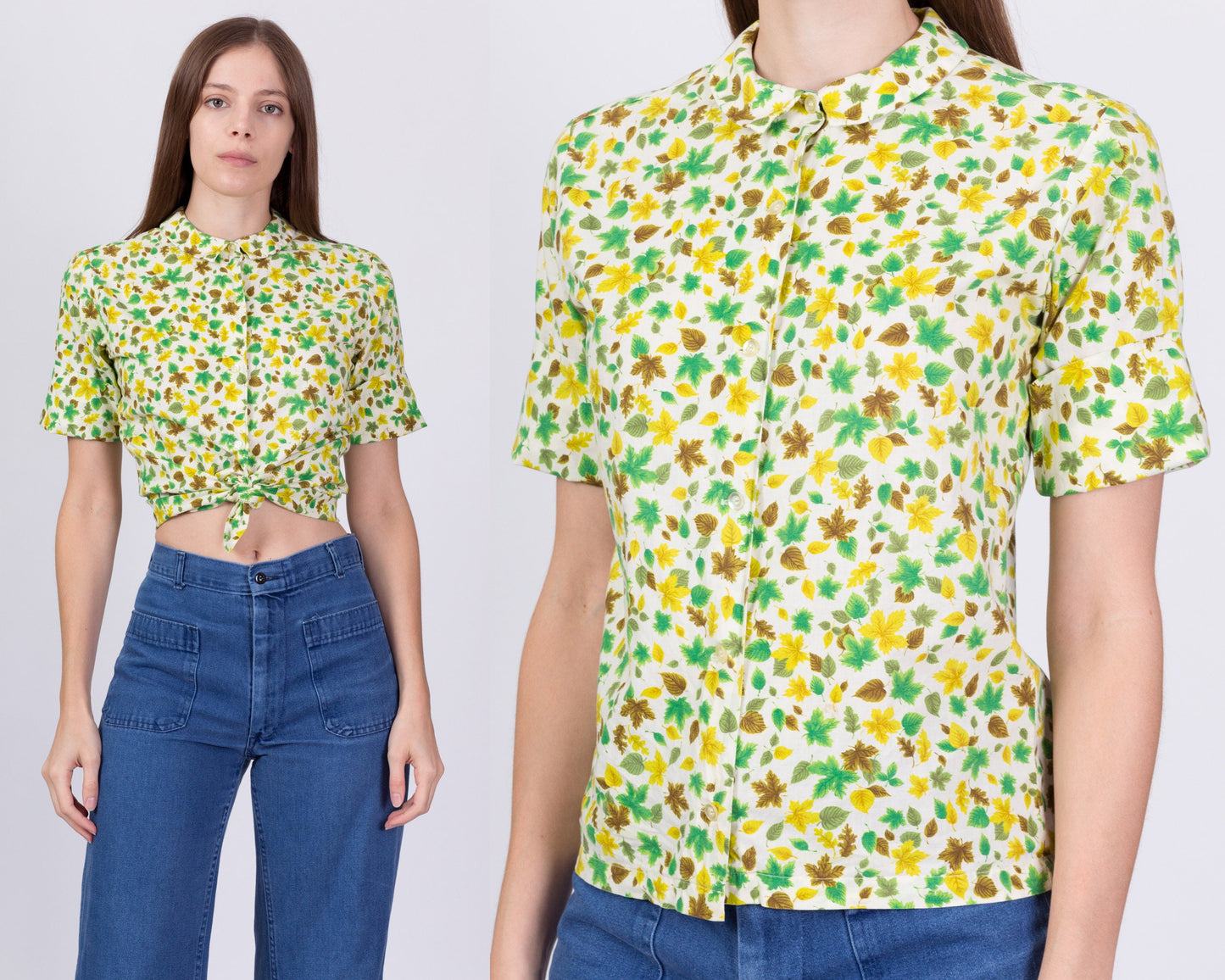 50s 60s Leaf Print Button Up Shirt - Petite Small 