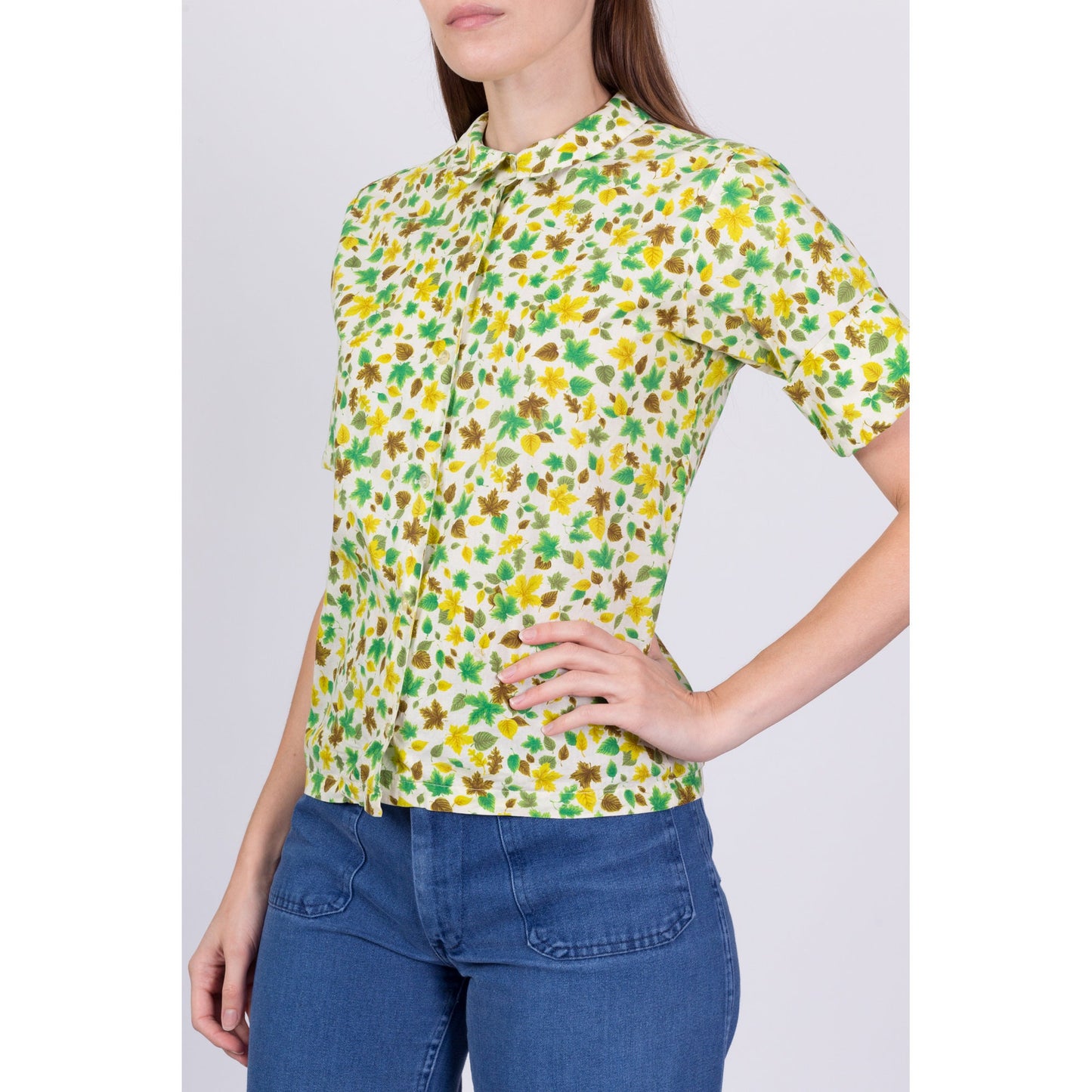50s 60s Leaf Print Button Up Shirt - Petite Small 