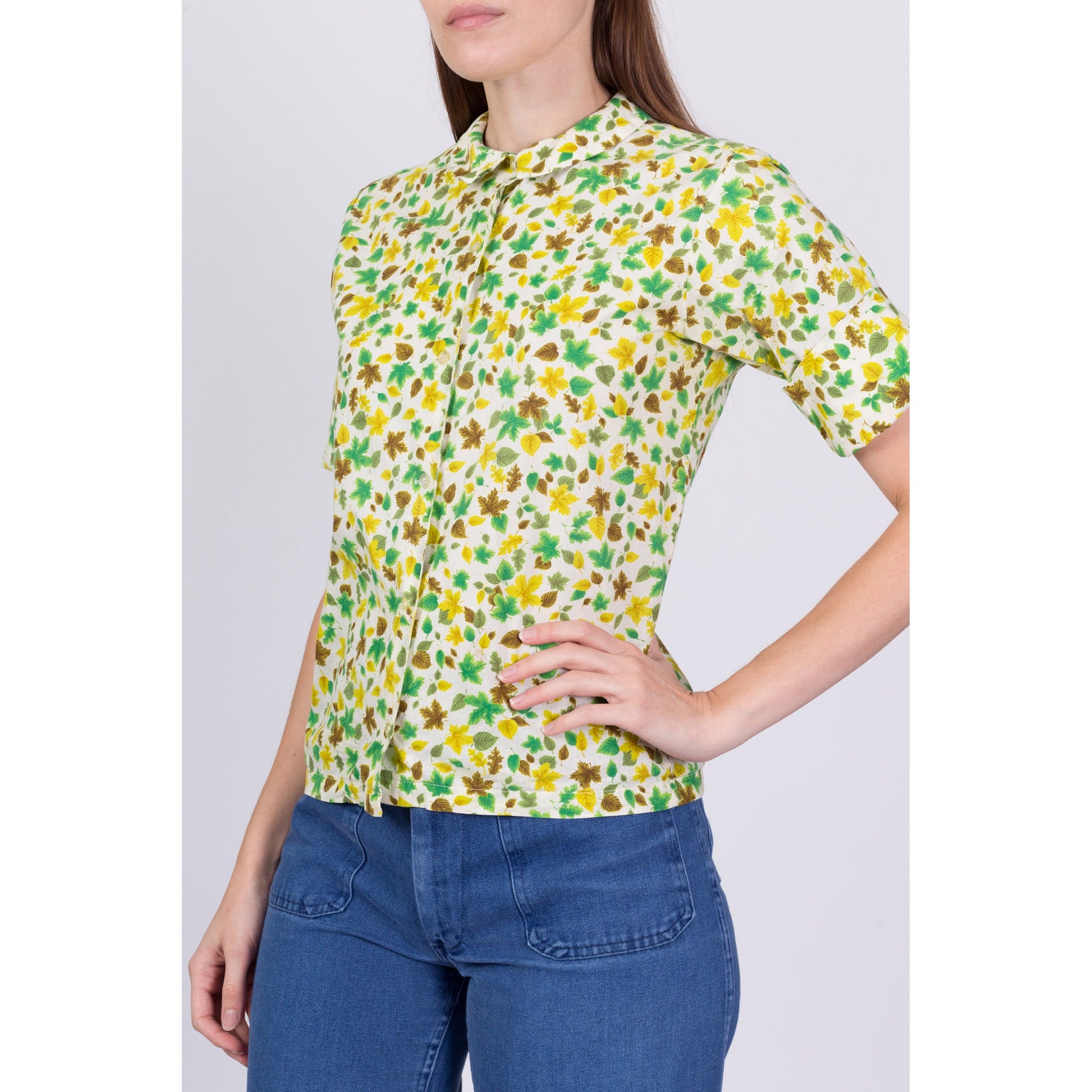 50s 60s Leaf Print Button Up Shirt - Petite Small 