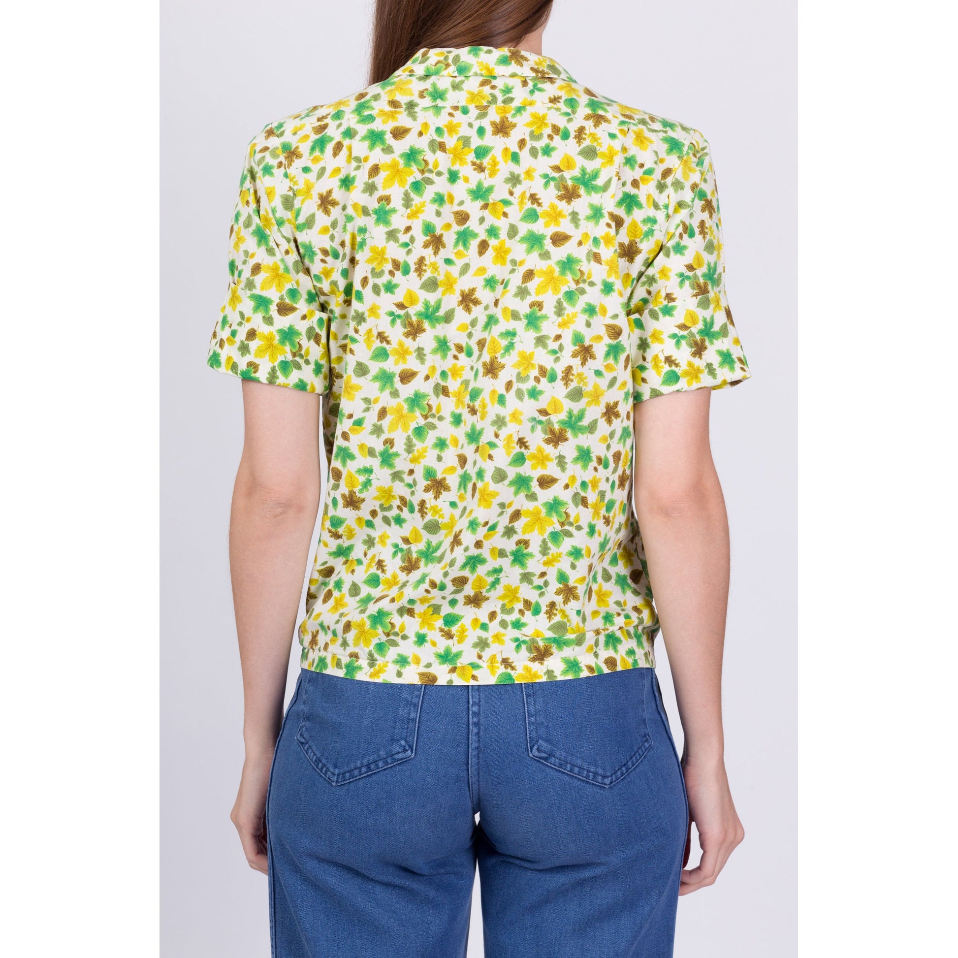 50s 60s Leaf Print Button Up Shirt - Petite Small 