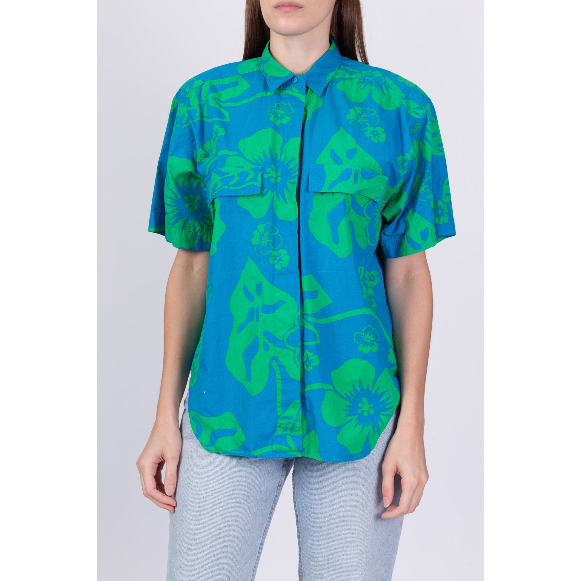 80s Hawaiian Floral Aloha Shirt - Medium 